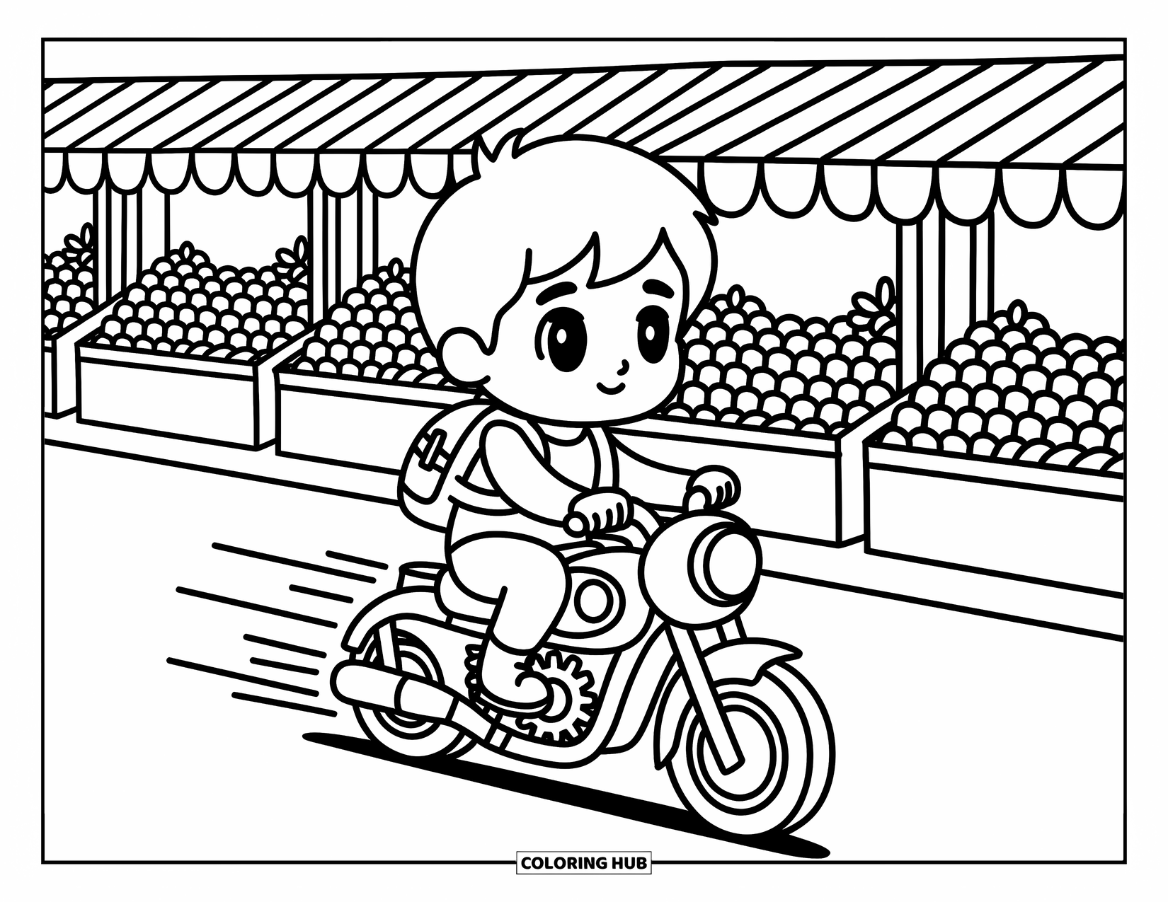 Motor Kleurplaat voor Volwassenen: Een lachende jongen op een motor zoomt langs levendige marktkramen met fruit en bloemen