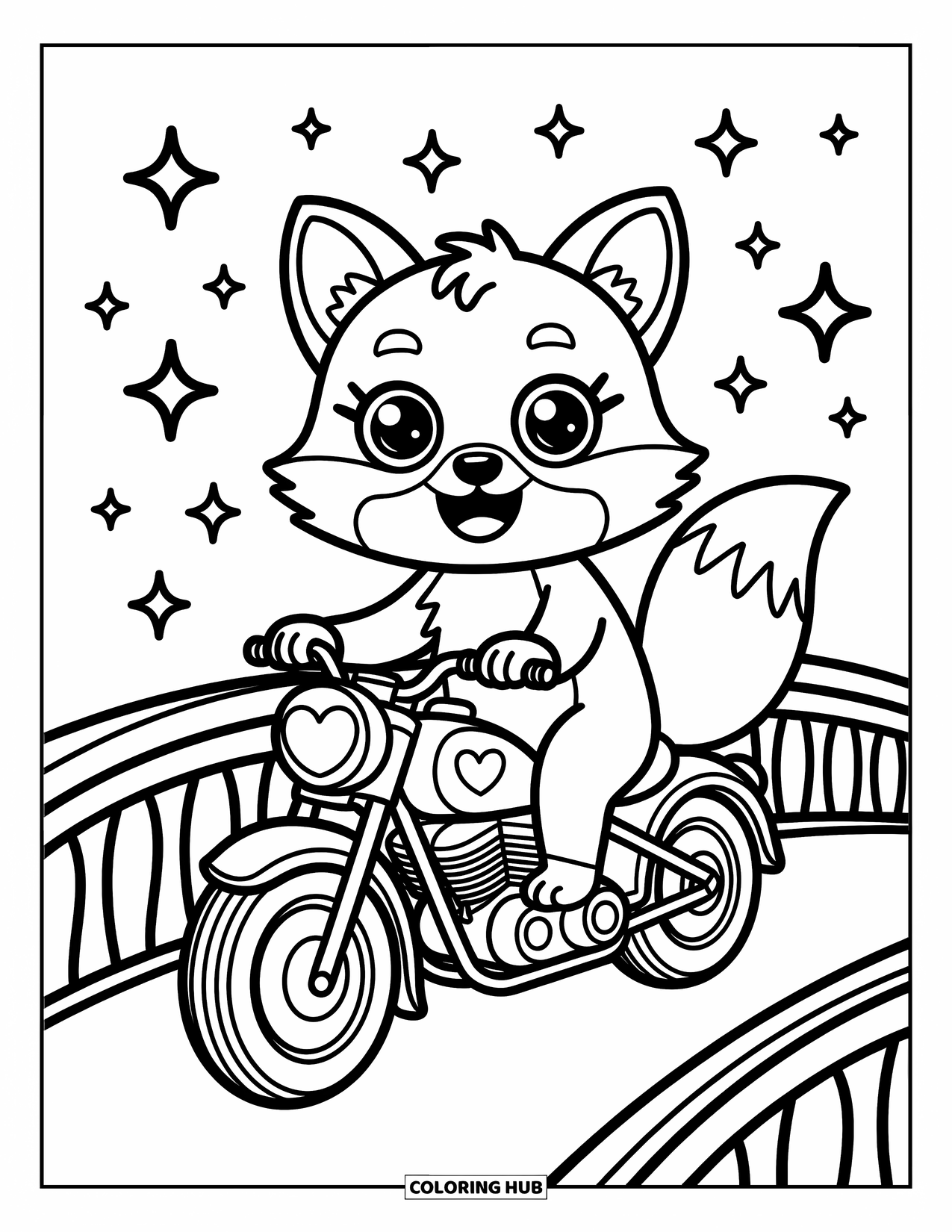 Motor Kleurplaat voor Volwassenen: Een glimlachende vos rijdt op een mollige motor over een brug met fonkelende sterren erboven