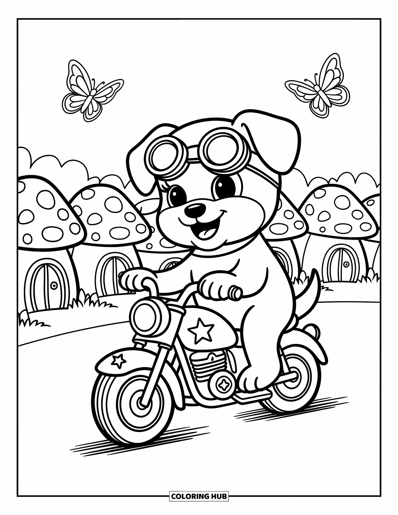 Motor Kleurplaat voor Volwassenen: Een glimlachende puppy zwaait vanaf een met sterren versierde motor in de buurt van gezellige paddenstoelenhuisjes