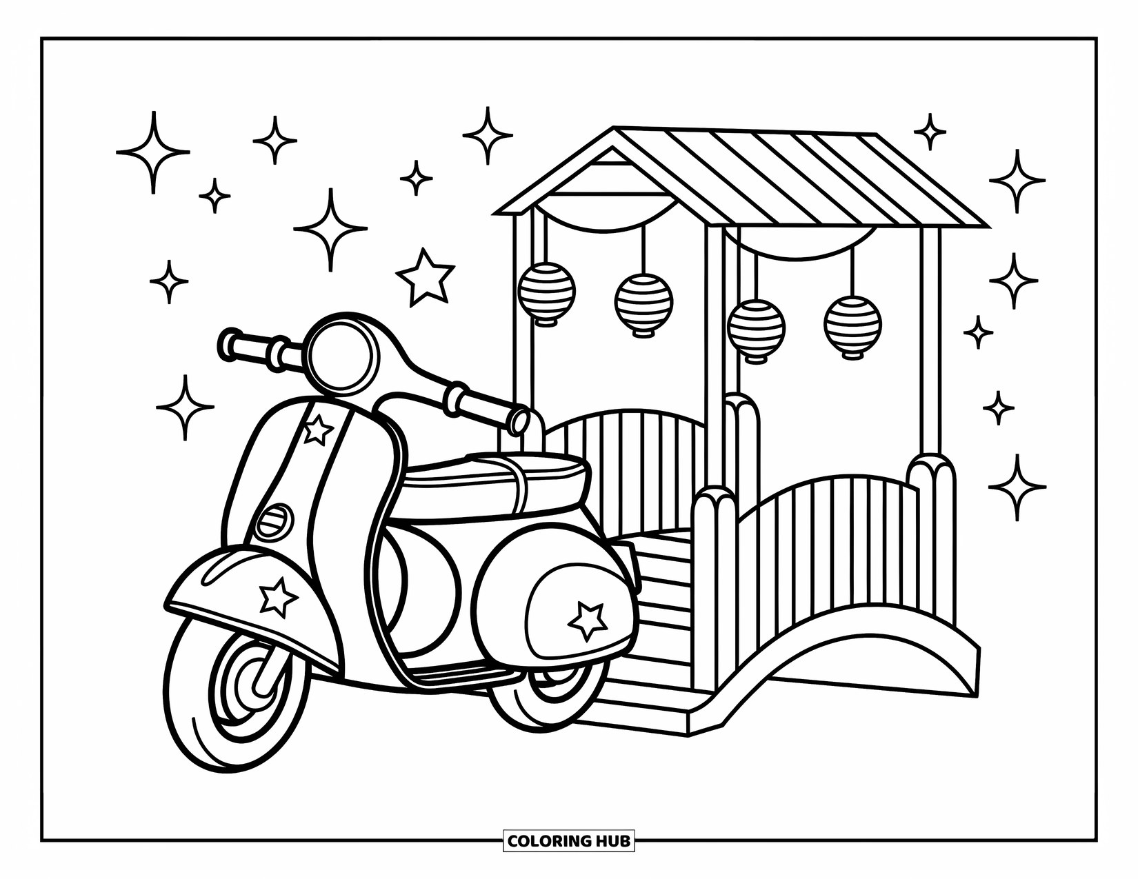 Motor Kleurplaat voor Volwassenen: Een met sterren versierde scooter geparkeerd bij een brug met lantaarns en glitters in de lucht