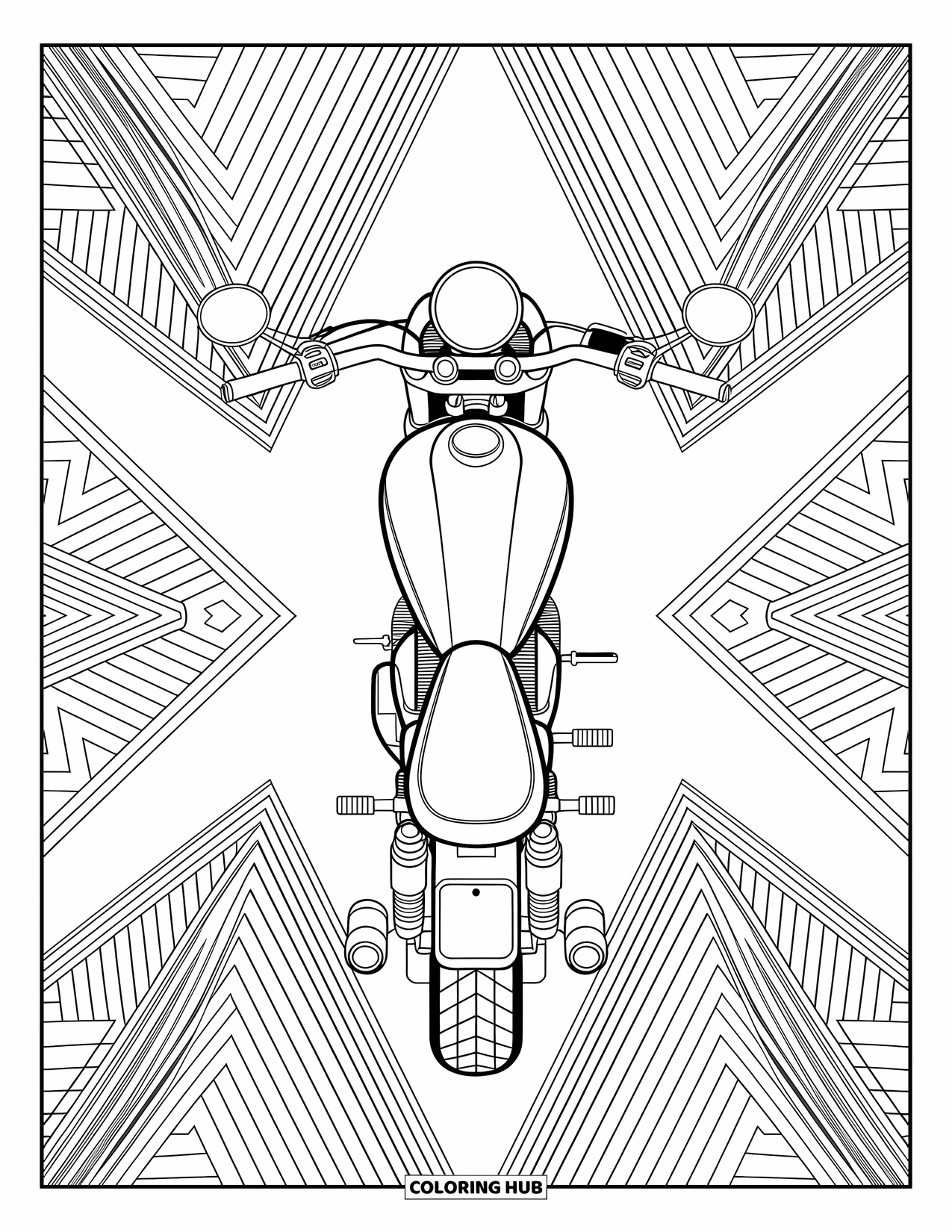 Motor Kleurplaat voor Volwassenen: Een bovenaanzicht van een motor met handen op het stuur, omlijst door wervelende patronen