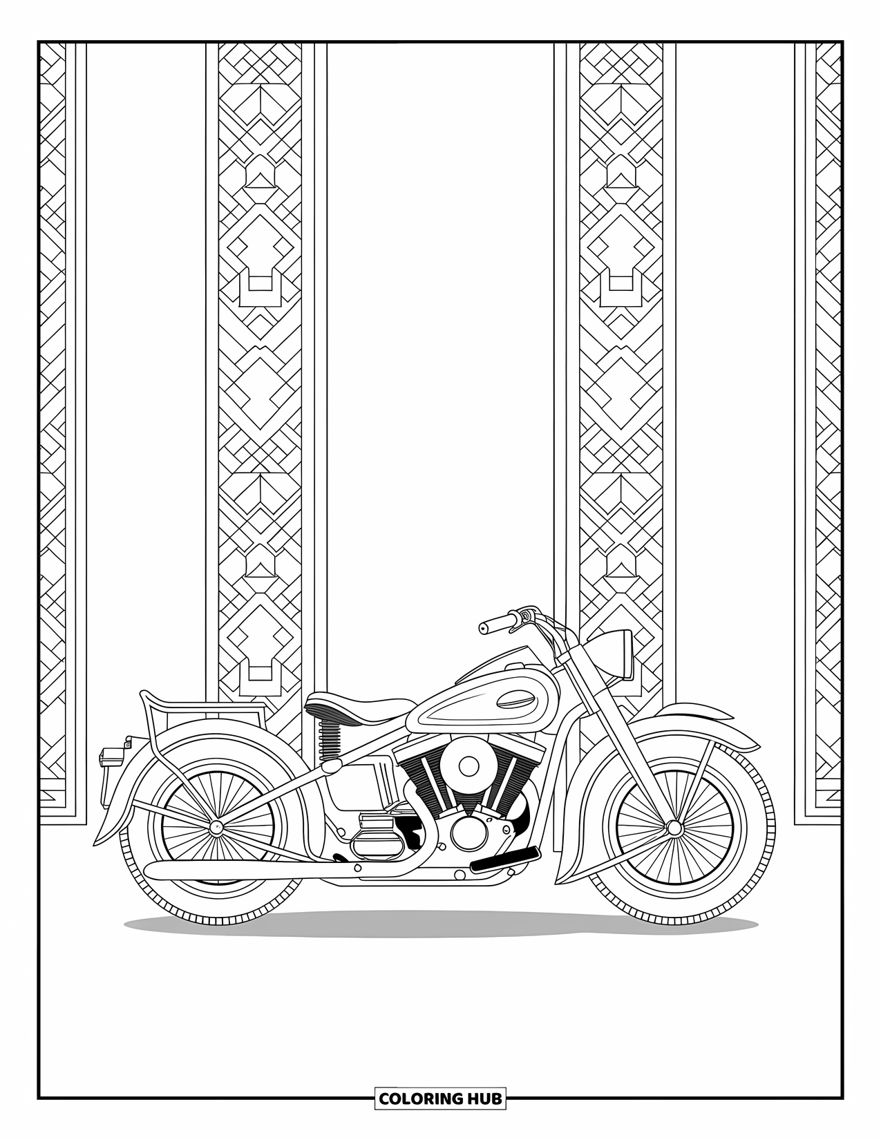 Motor Kleurplaat voor Volwassenen: Een vintage motor staat in het midden van wervelende mozaïekpatronen en scrollwerk