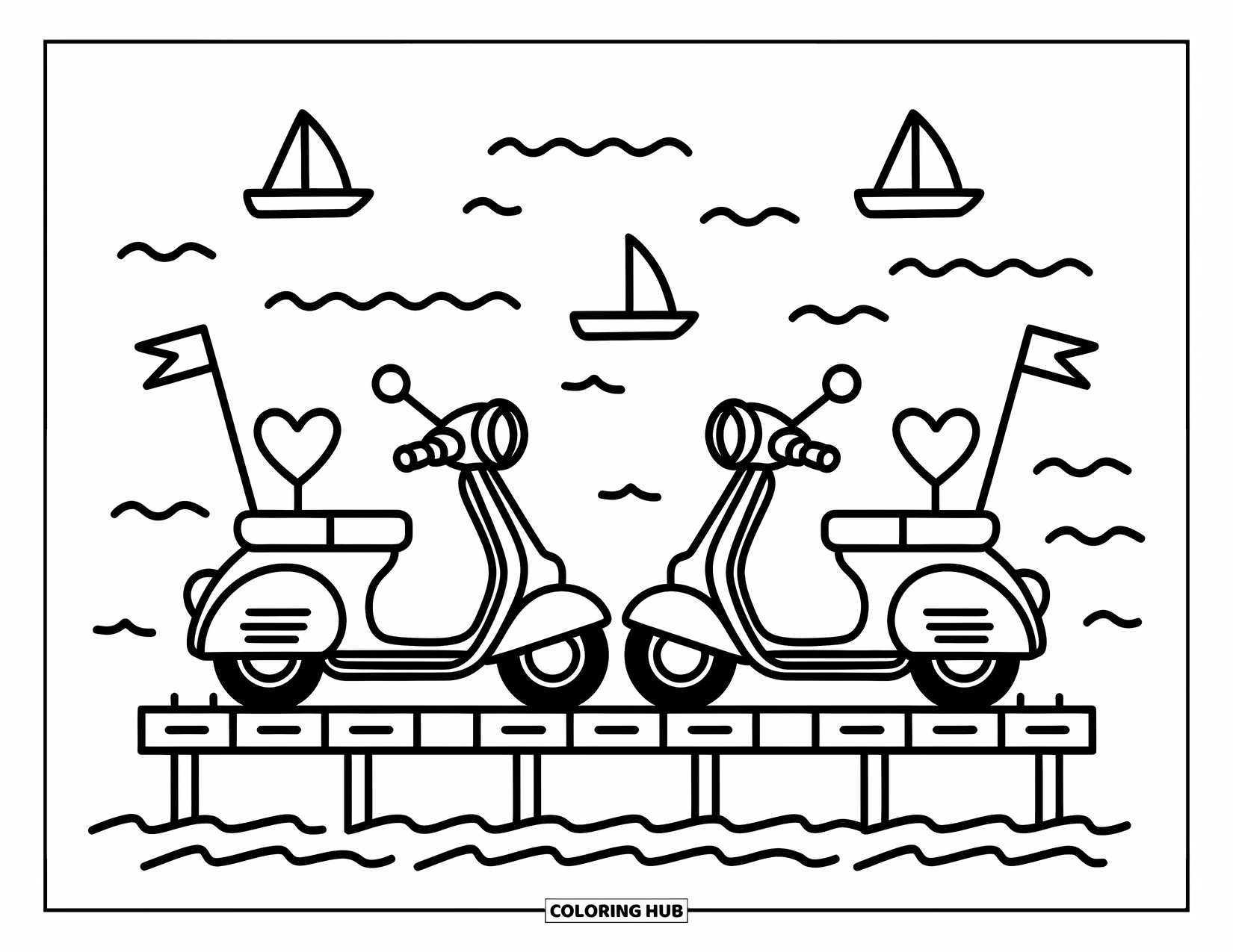 Motor Kleurplaat voor Volwassenen: Twee scooters met wapperende vlaggen geparkeerd bij de pier en dobberende zeilboten