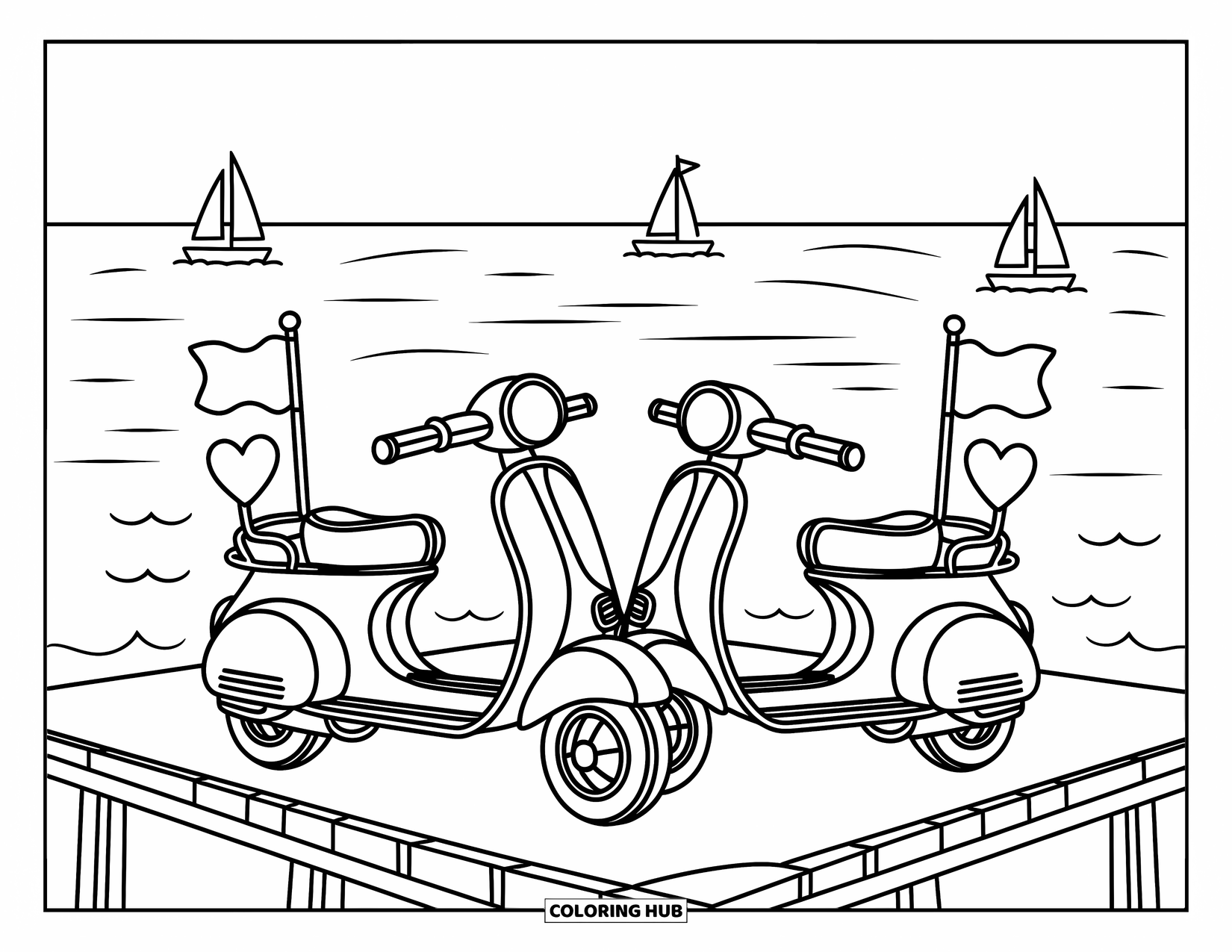 Motor Kleurplaat voor Volwassenen: Twee kleine scooters op een houten pier met kleine zeilbootjes in de verte