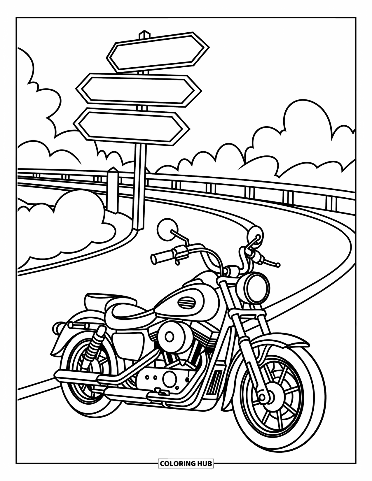 Motor Kleurplaat voor Kinderen: Een zwart-wit illustratie, weergegeven met strakke, gedurfde lijnen op een witte achtergrond, toont een geparkeerde motorfiets op een kronkelende weg