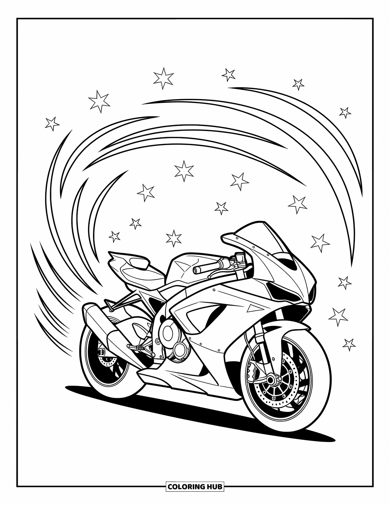 Motor Kleurplaat voor Kinderen: Een gedurfde motorfiets zit tussen dynamische swooshes en sterren met een moderne, energieke uitstraling