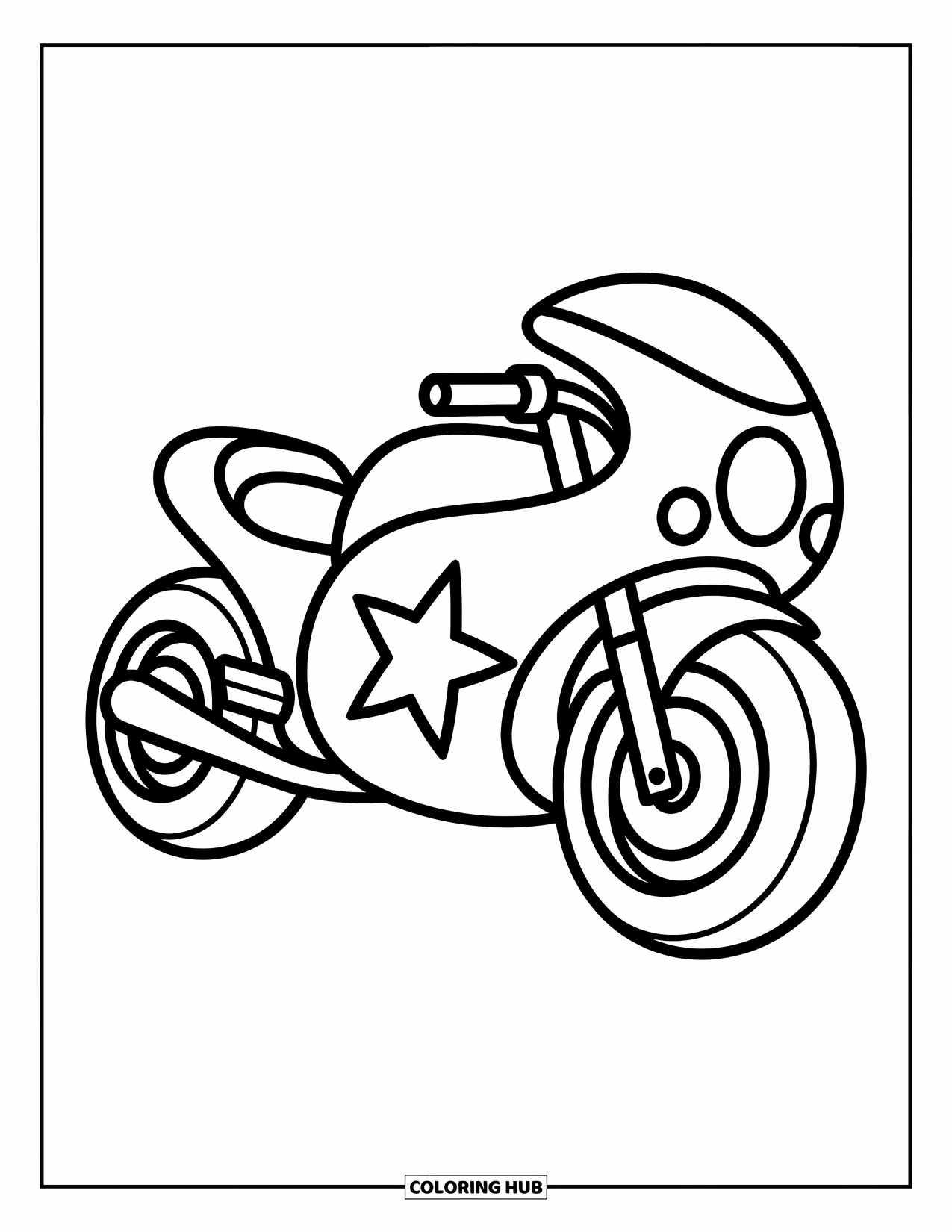 Motor Kleurplaat voor Kinderen: Een cartoonmotorfiets met een groot sterontwerp heeft gladde rondingen en speelse lijnen