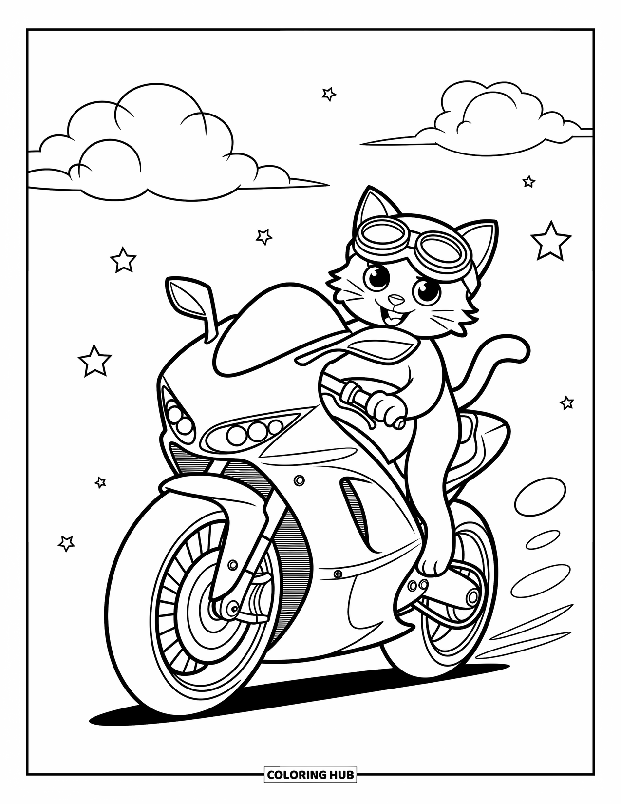 Motor Kleurplaat voor Kinderen: Een kat met een bril rijdt op een snelle motorfiets met sterren en wolken op de achtergrond