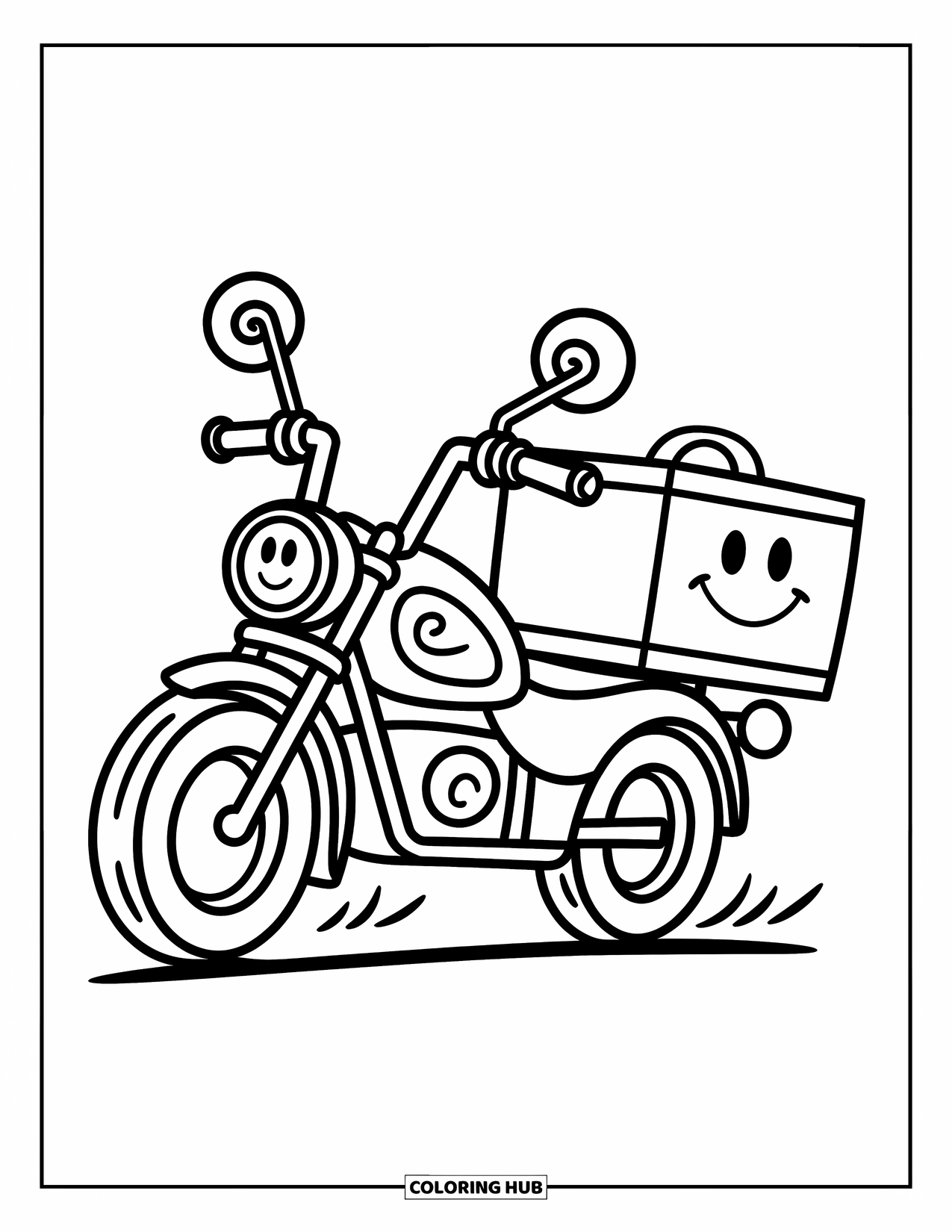 Motor Kleurplaat voor Kinderen: Een vrolijke bezorgmotorfiets zoeft voorbij met een lachende doos achterop