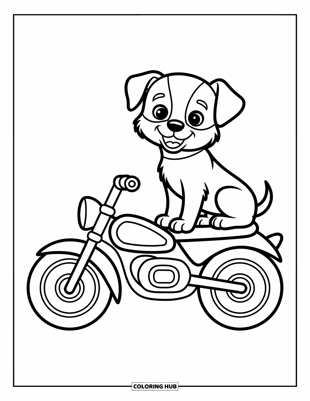 Motor Kleurplaat voor Kinderen: Een vrolijke motorfiets met een puppy die erop zit