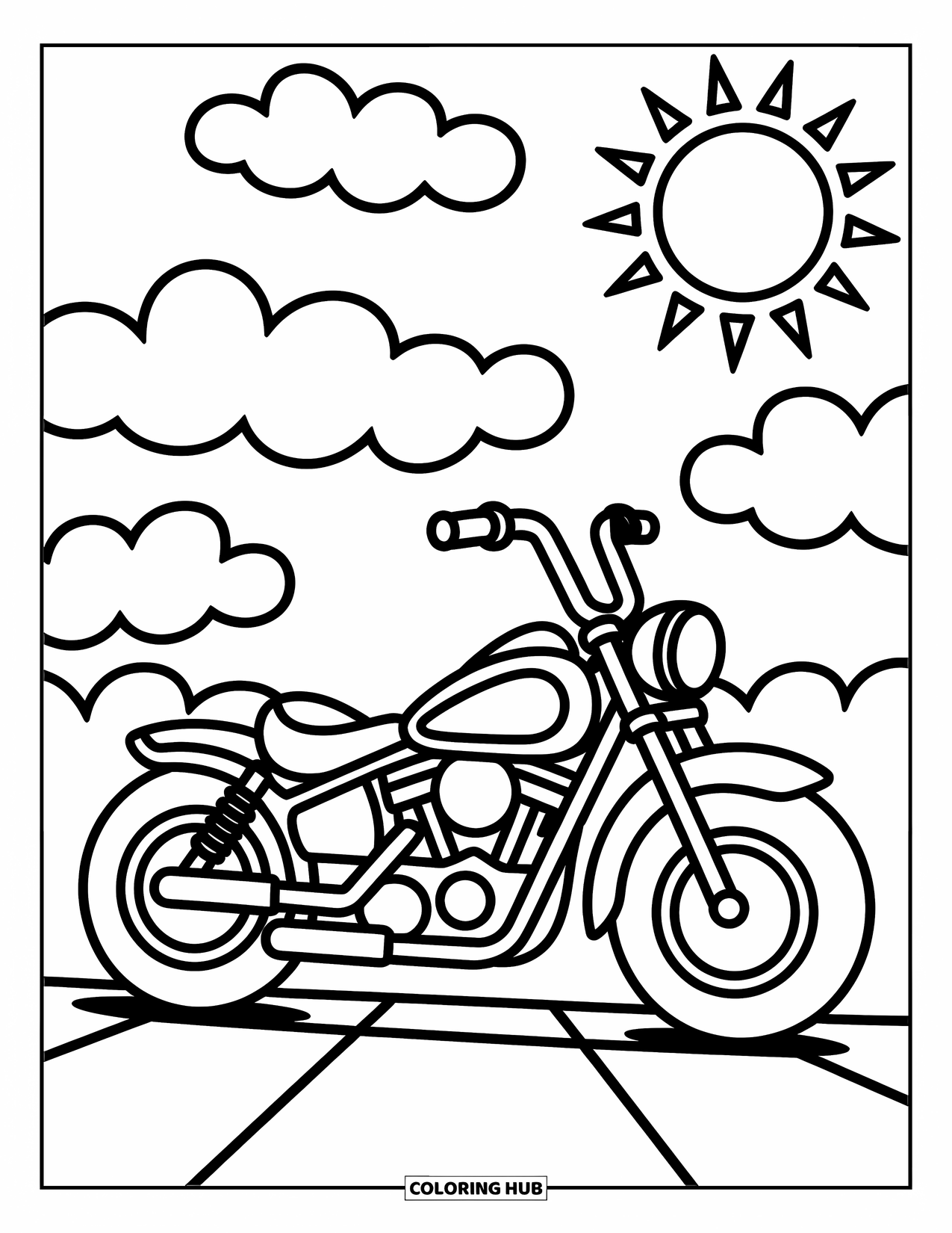 Motor Kleurplaat voor Kinderen: Een vrolijke motor met grote wielen en een comfortabele zitting