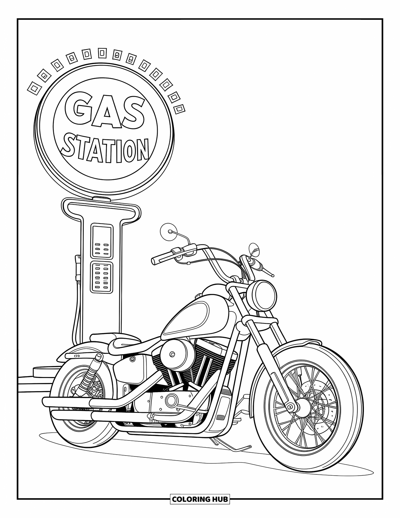 Motor Kleurplaat voor Kinderen: Een chopper motorfiets staat geparkeerd in de buurt van een tankstationsbord met speelse letters