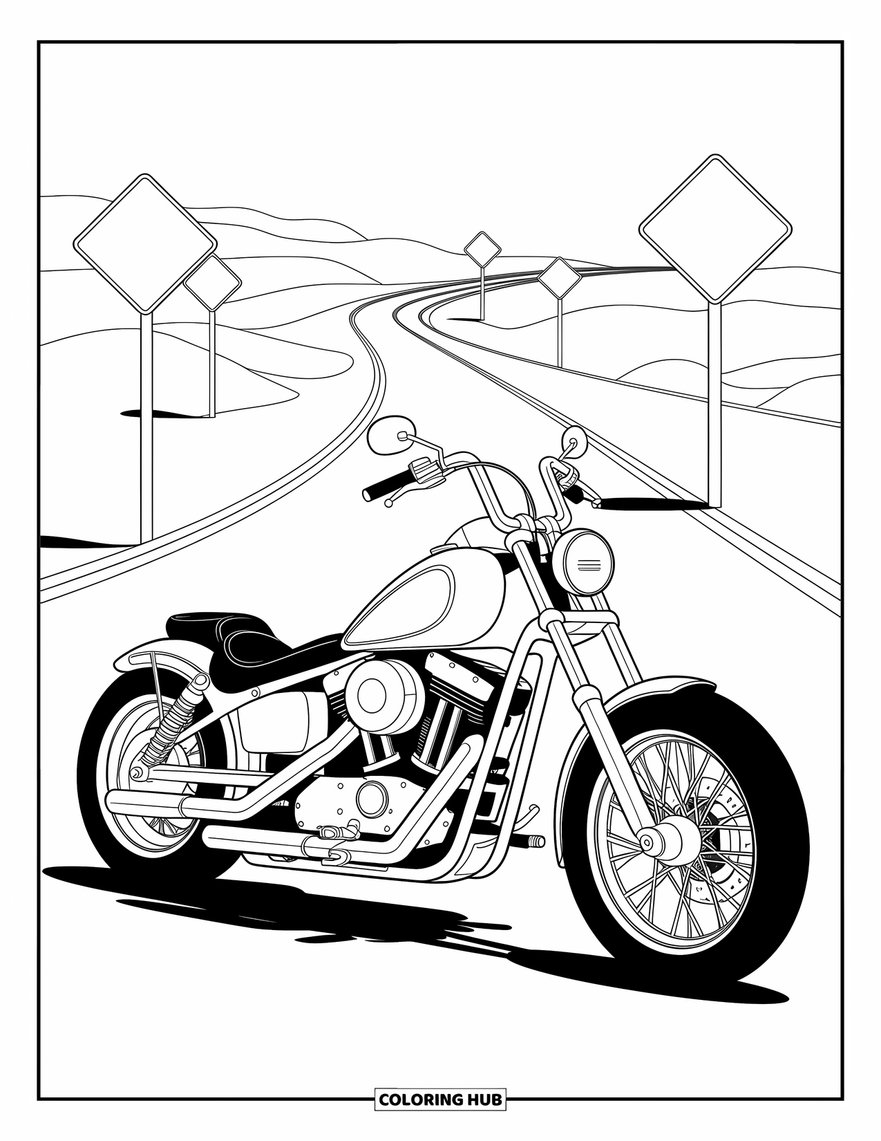 Motor Kleurplaat voor Kinderen: Een chopper motorfiets staat naast een kronkelende woestijnsnelweg met verkeersborden in de buurt