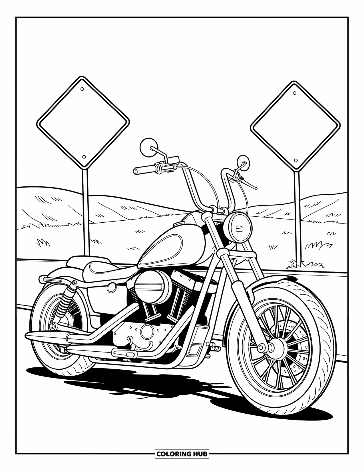 Motor Kleurplaat voor Kinderen: Een chopper motorfiets staat bij een woestijnsnelweg met verkeersborden in de verte