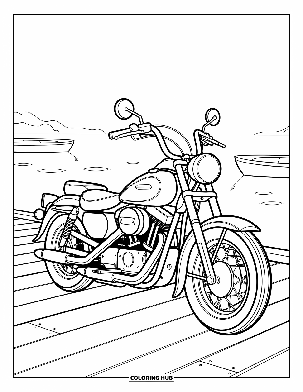 Motor Kleurplaat voor Kinderen: Een cruiser motorfiets staat op een houten pier met zachtjes dobberende boten in de buurt