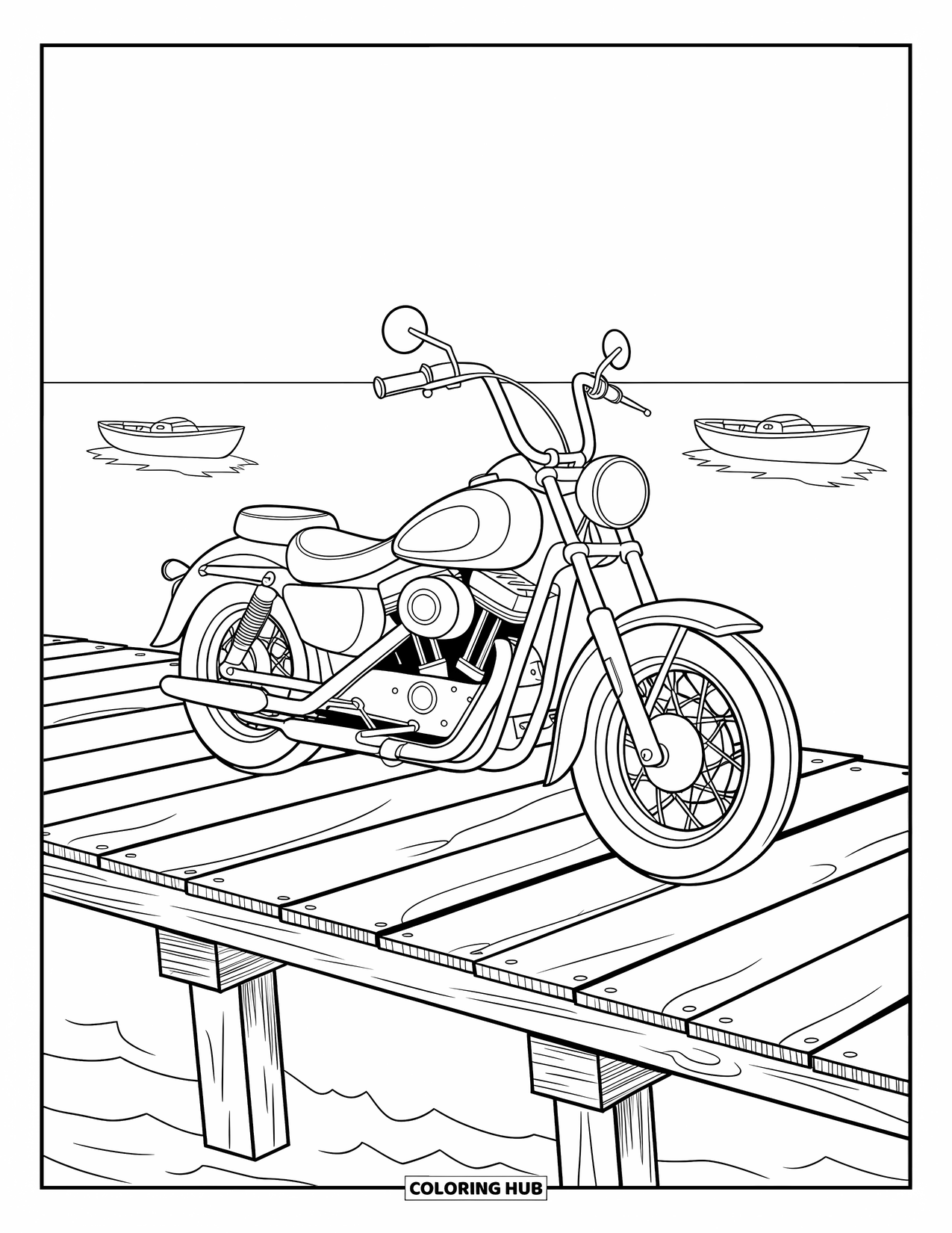 Motor Kleurplaat voor Kinderen: Een cruiser motorfiets staat op een houten pier, met kalm water en boten in de verte