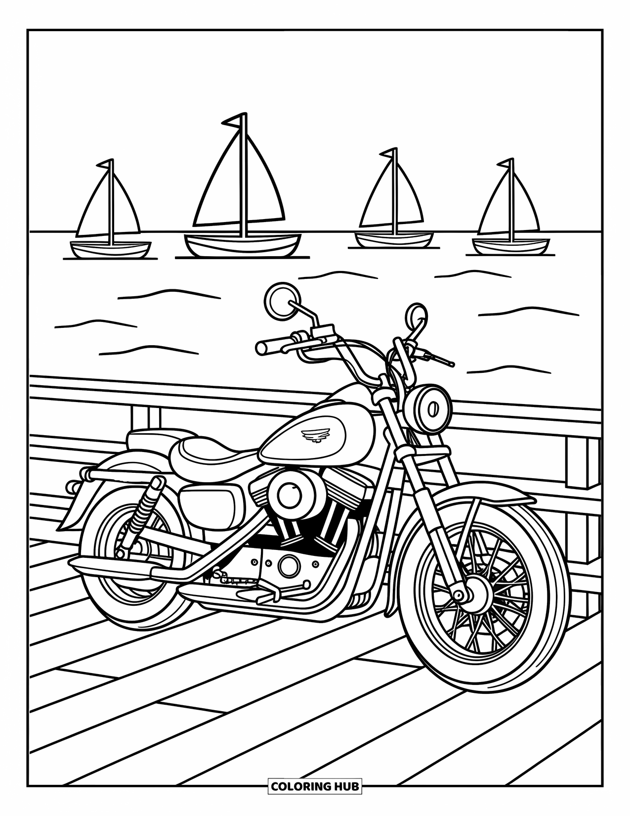 Motor Kleurplaat voor Kinderen: Een cruiser motorfiets staat op een pier met zachte golven en boten in de verte