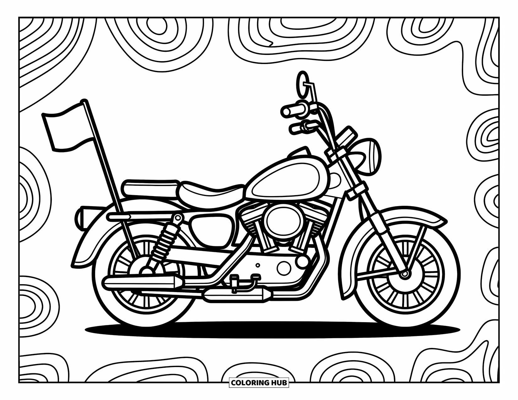 Motor Kleurplaat voor Kinderen: Een cruiser motorfiets met een wapperende vlag staat tegen leuke patronen en zachte rondingen