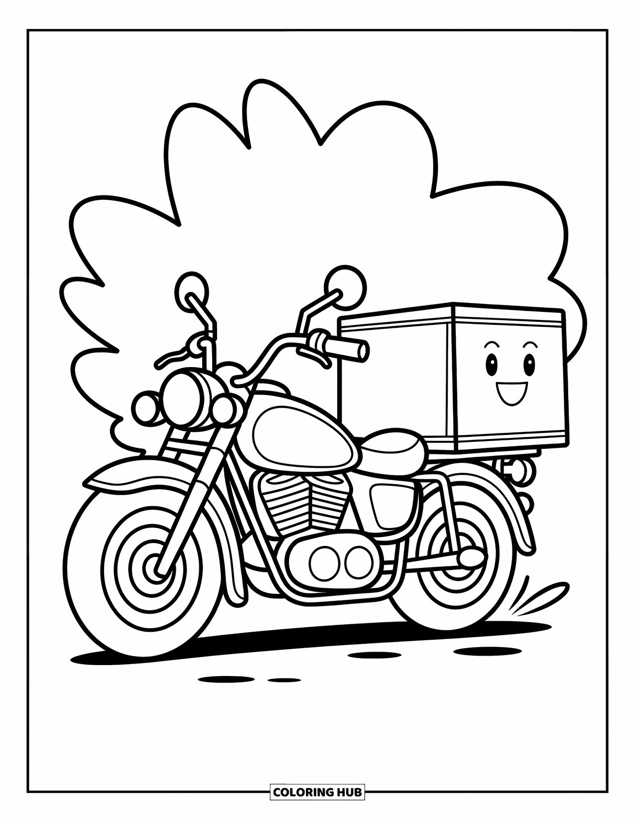 Motor Kleurplaat voor Kinderen: Een bezorgmotorfiets helt voorover met een lachend gezicht op de bezorgdoos
