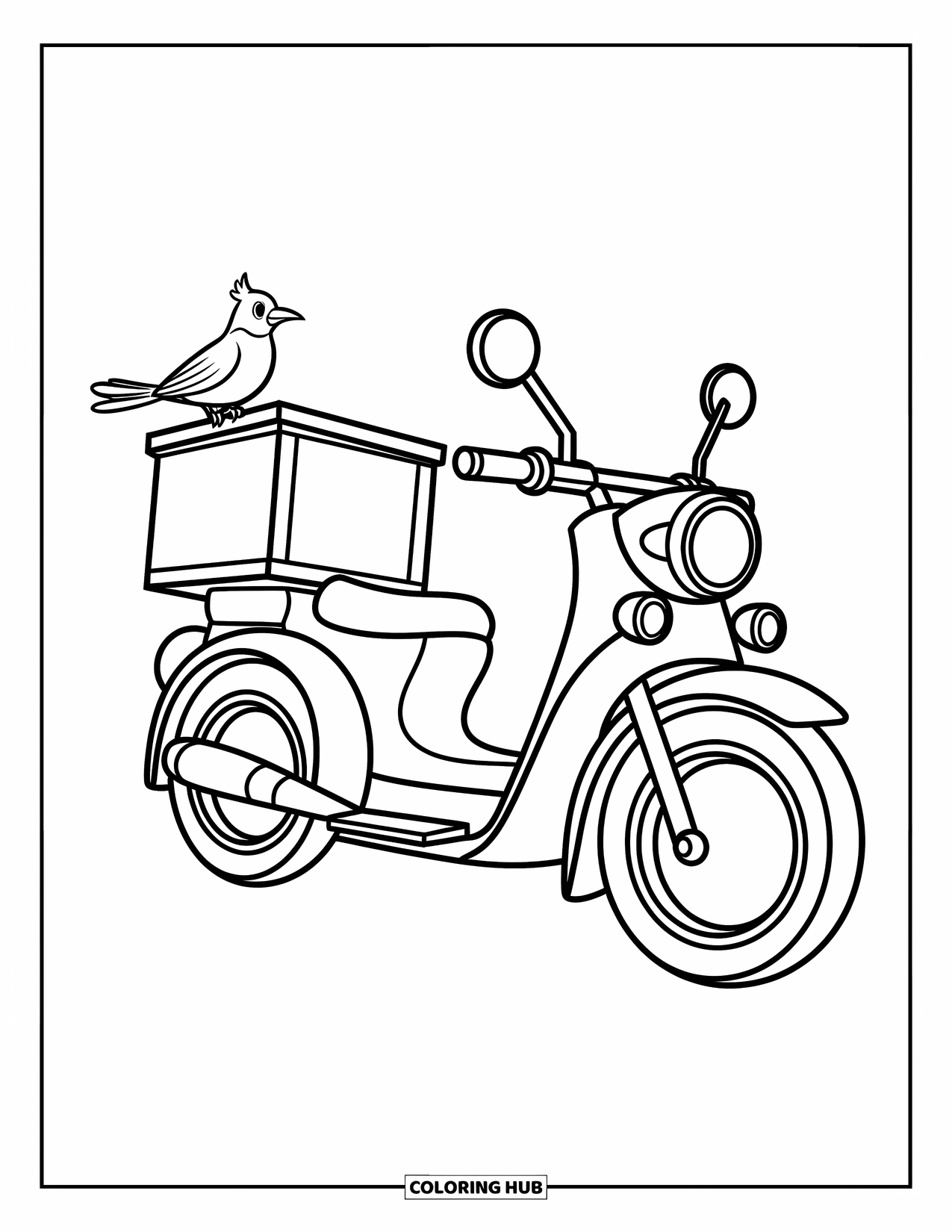 Motor Kleurplaat voor Kinderen: Een bezorgmotorfiets met een vogel op het stuur voegt een grillige toets toe