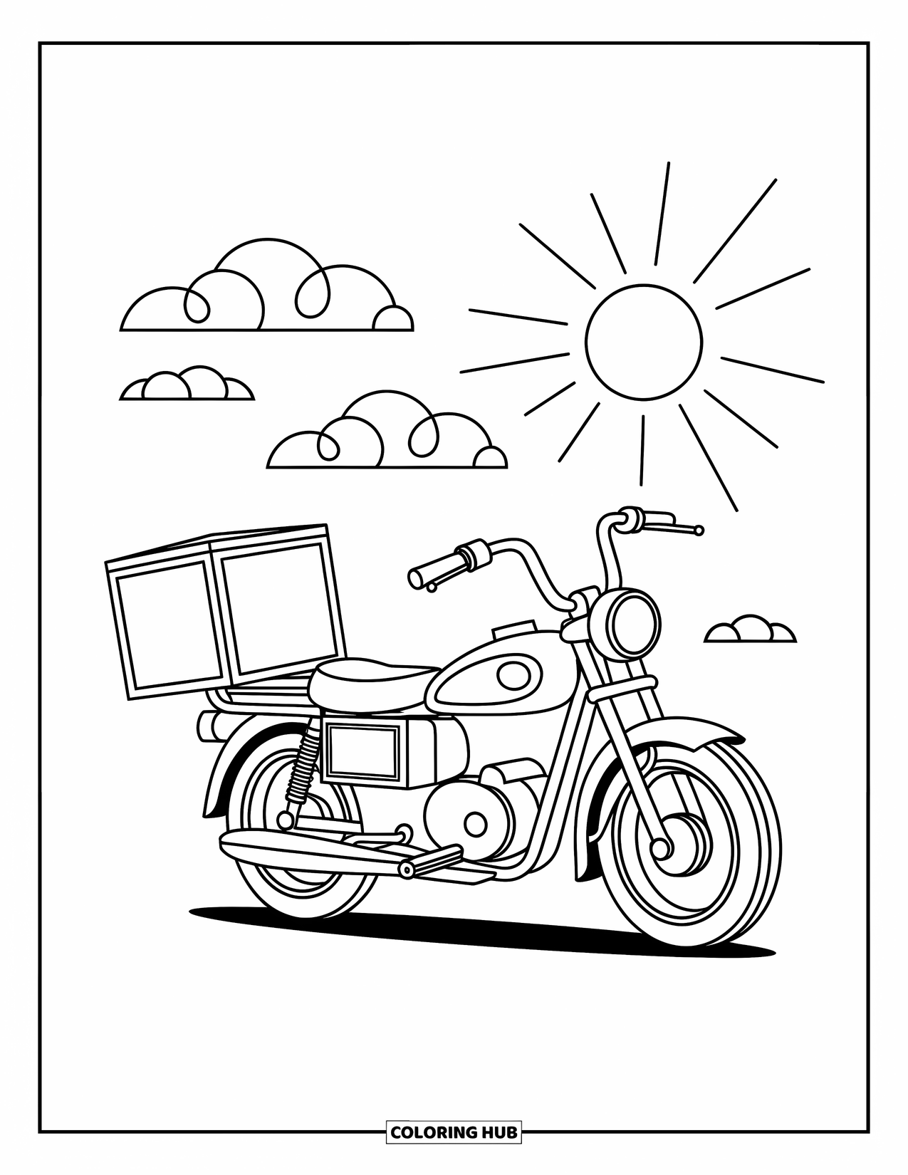 Motor Kleurplaat voor Kinderen: Een bezorgmotor met een doos staat onder vrolijke wolken en zonnestralen