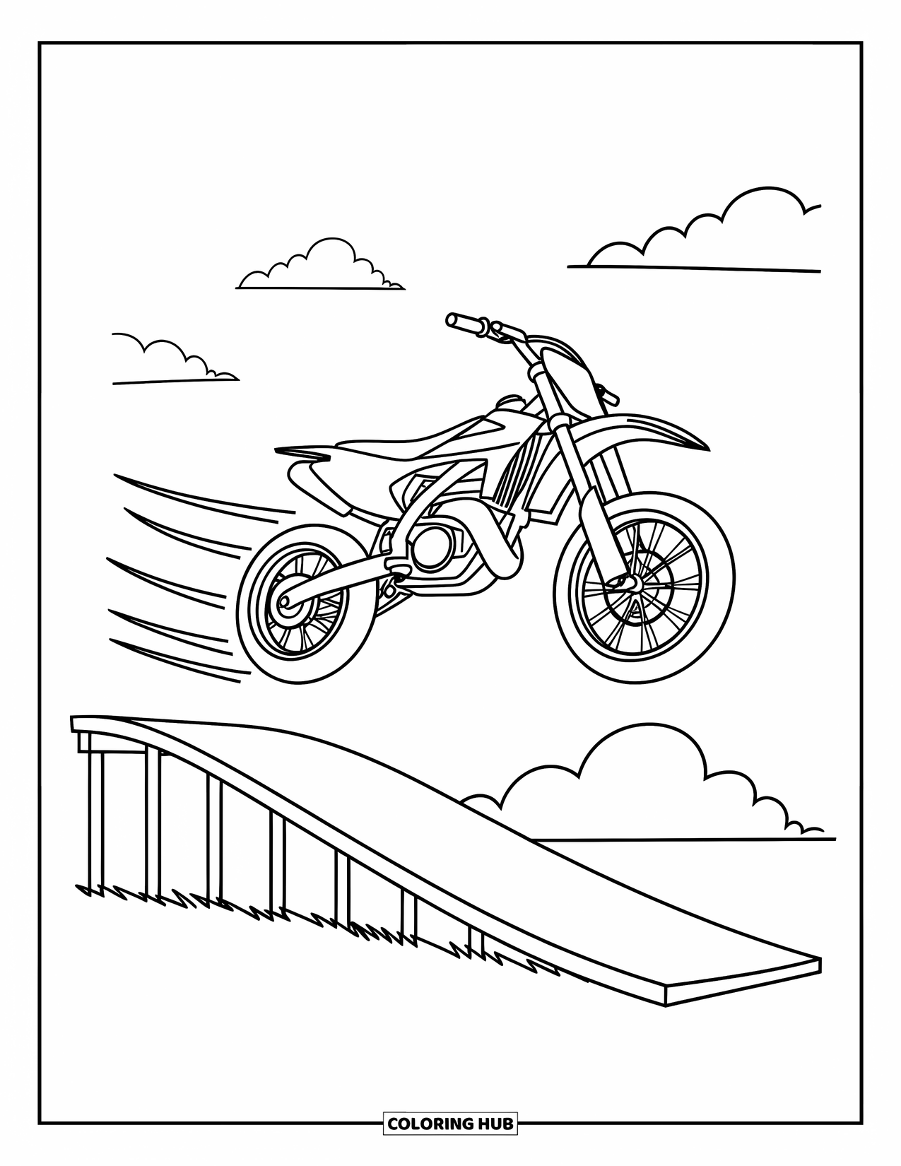 Motor Kleurplaat voor Kinderen: Een crossmotor vliegt midden in een sprong met wolken en dramatische snelheidslijnen erachter