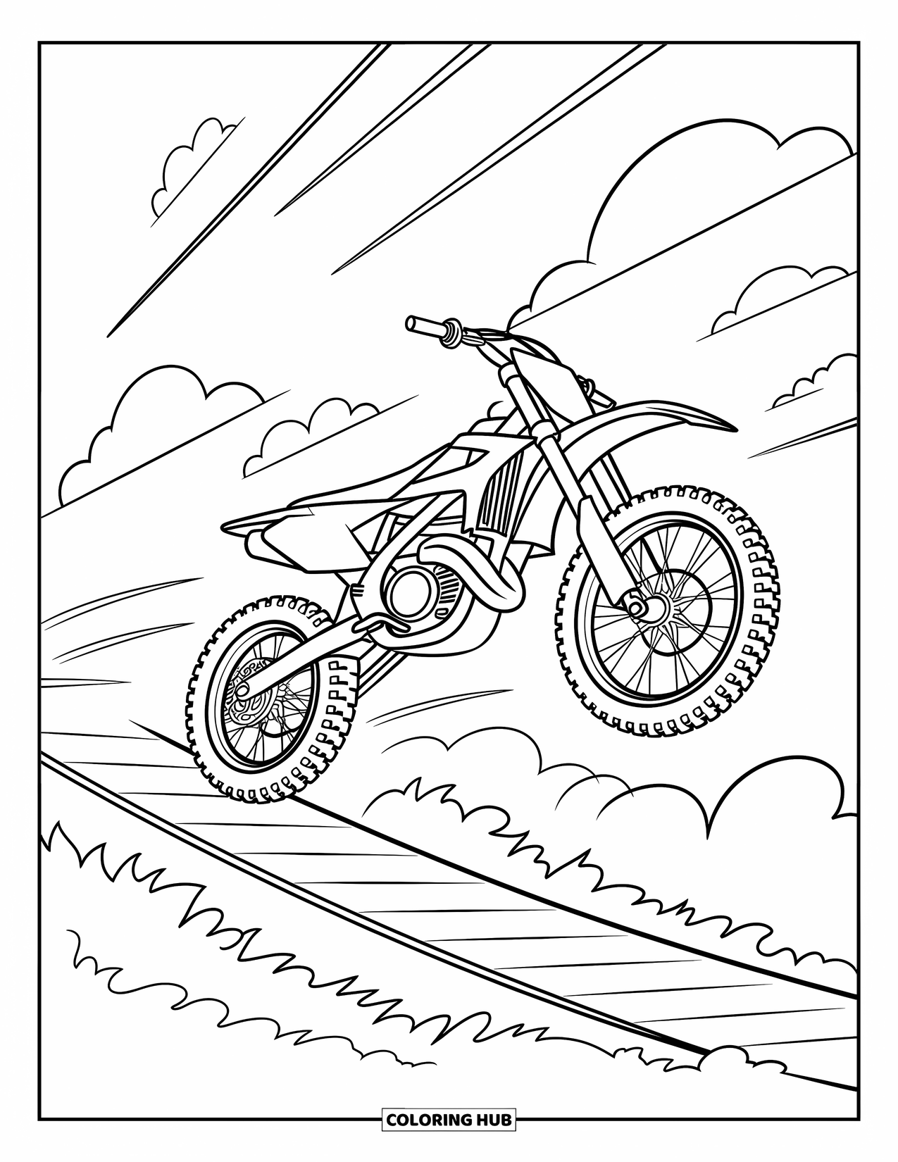 Motor Kleurplaat voor Kinderen: Een crossmotor springt hoog over een helling met wolken en bewegingslijnen die eromheen wervelen