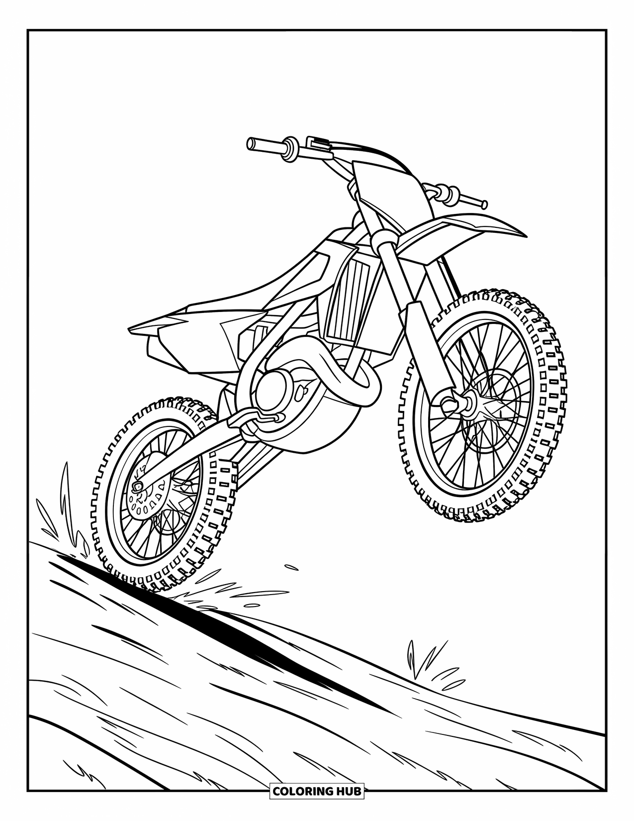 Motor Kleurplaat voor Kinderen: Een crossmotor springt over rotsen met draaiende wielen en gekanteld stuur