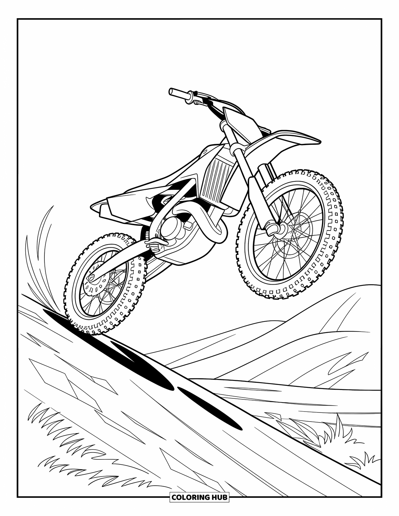 Motor Kleurplaat voor Kinderen: Een crossmotor springt in de lucht over rotsen en ruige paden