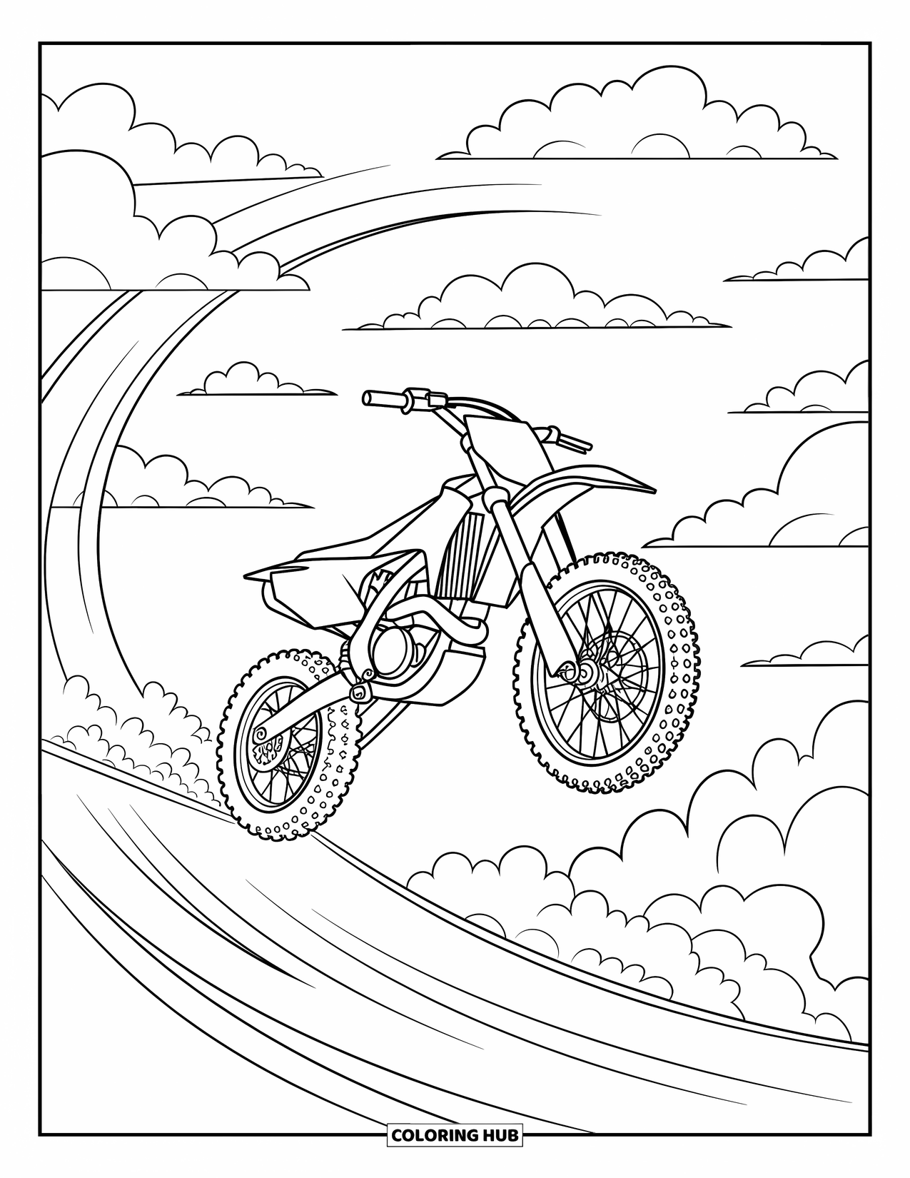 Motor Kleurplaat voor Kinderen: Een crossmotor springt van een helling met wervelende snelheidslijnen en pluizige wolken