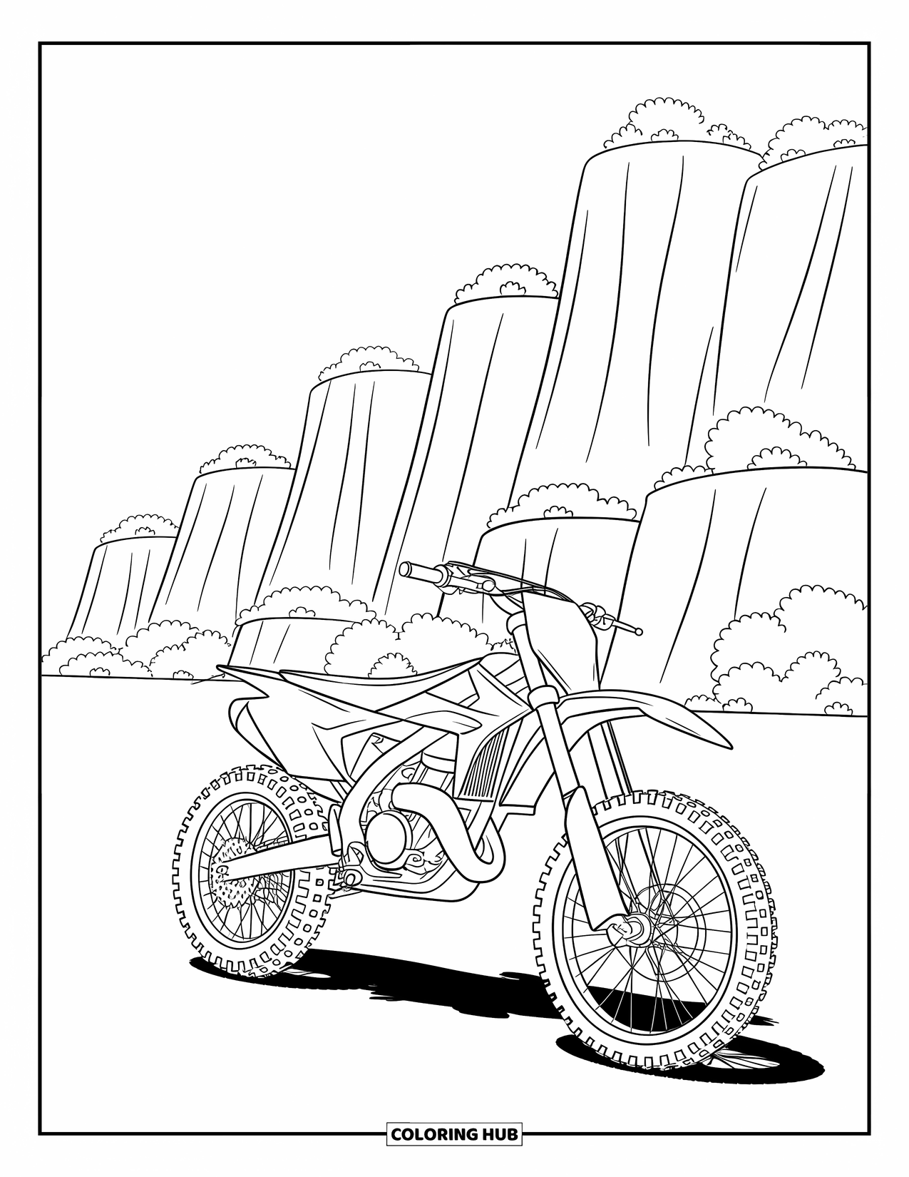 Motor Kleurplaat voor Kinderen: Een crossmotor rust bij torenhoge kliffen en schaarse struiken, en legt avontuur en vrijheid vast