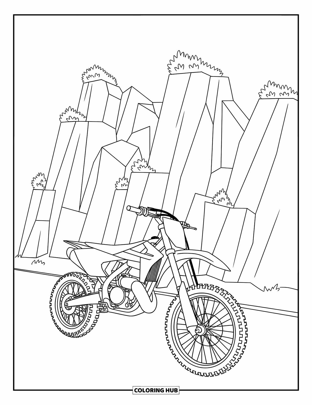 Motor Kleurplaat voor Kinderen: Een crossmotor zit in de buurt van rotsachtige kliffen met kleine struiken die natuurlijke details toevoegen