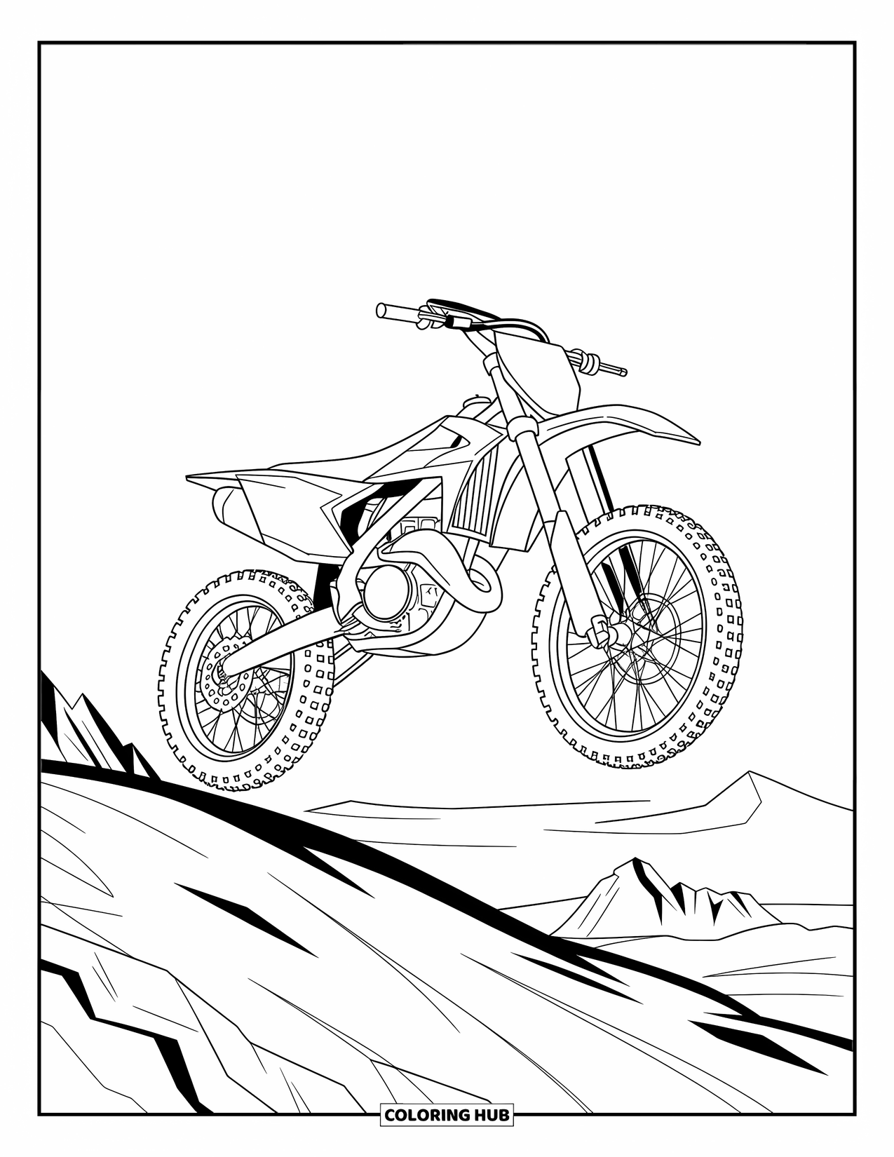 Motor Kleurplaat voor Kinderen: Een crossmotor zweeft midden in de lucht boven rotsachtige heuvels en verre horizonten