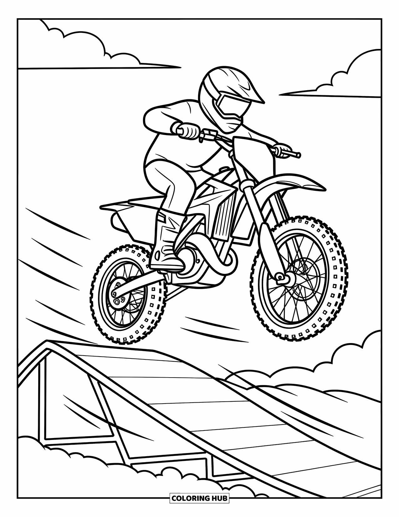 Motor Kleurplaat voor Kinderen: Een crossmotor zweeft door de lucht met draaiende wielen en zwevende wolken erachter