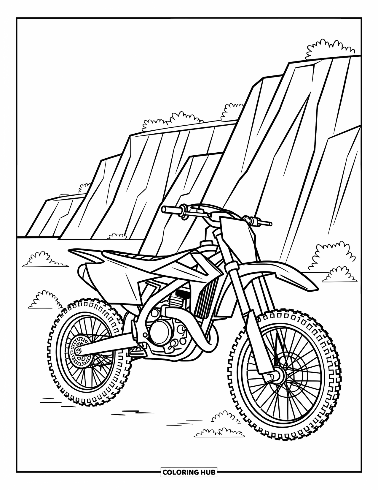 Motor Kleurplaat voor Kinderen: Een crossmotor staat in de buurt van ruige kliffen met struiken die leven toevoegen aan de scène
