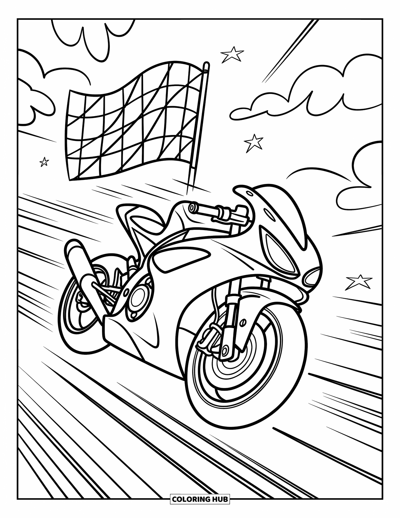 Motor Kleurplaat voor Kinderen: Een snelle motorfiets racet vooruit met een geblokte vlag die trots staat