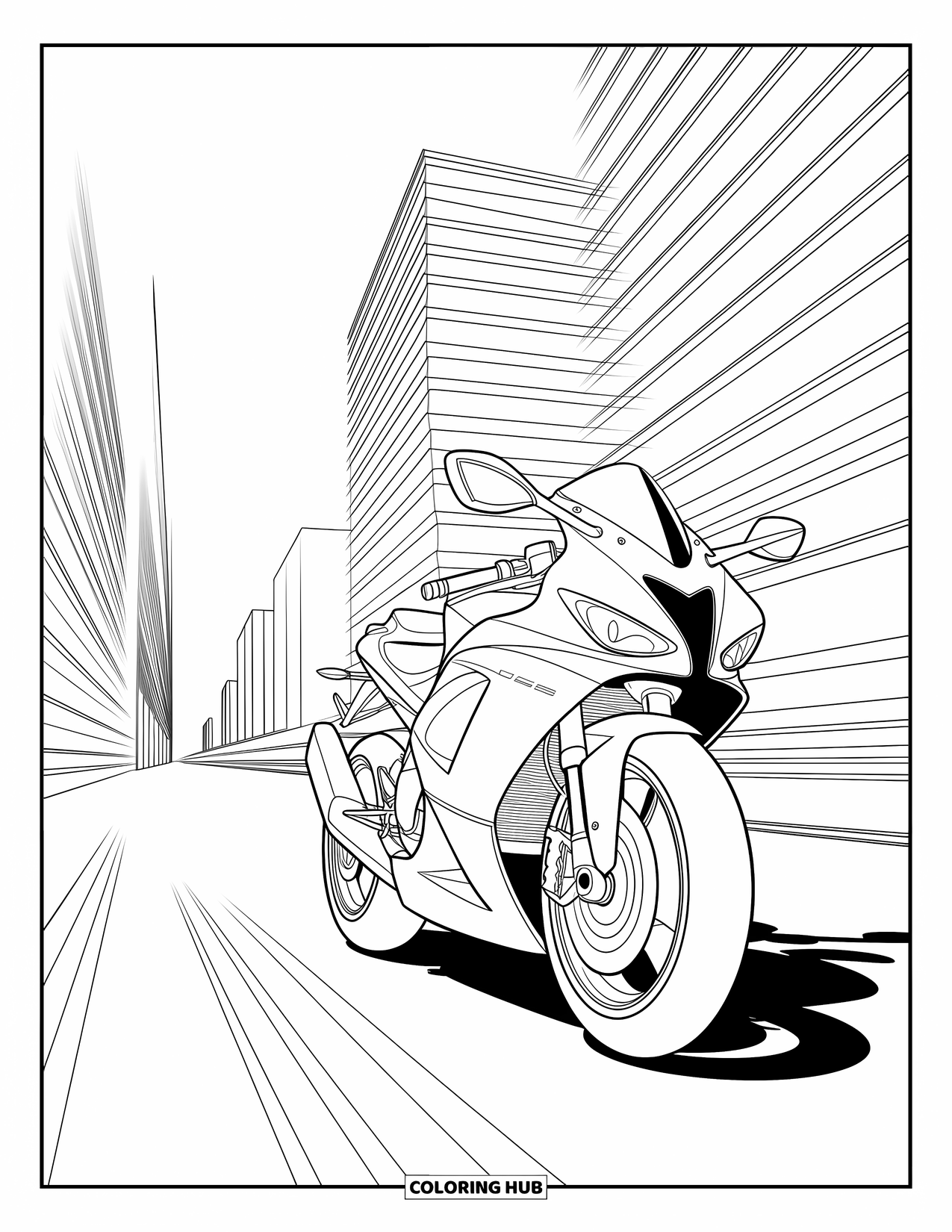 Motor Kleurplaat voor Kinderen: Een snelle motorfiets racet door de stad met vage gebouwen eromheen
