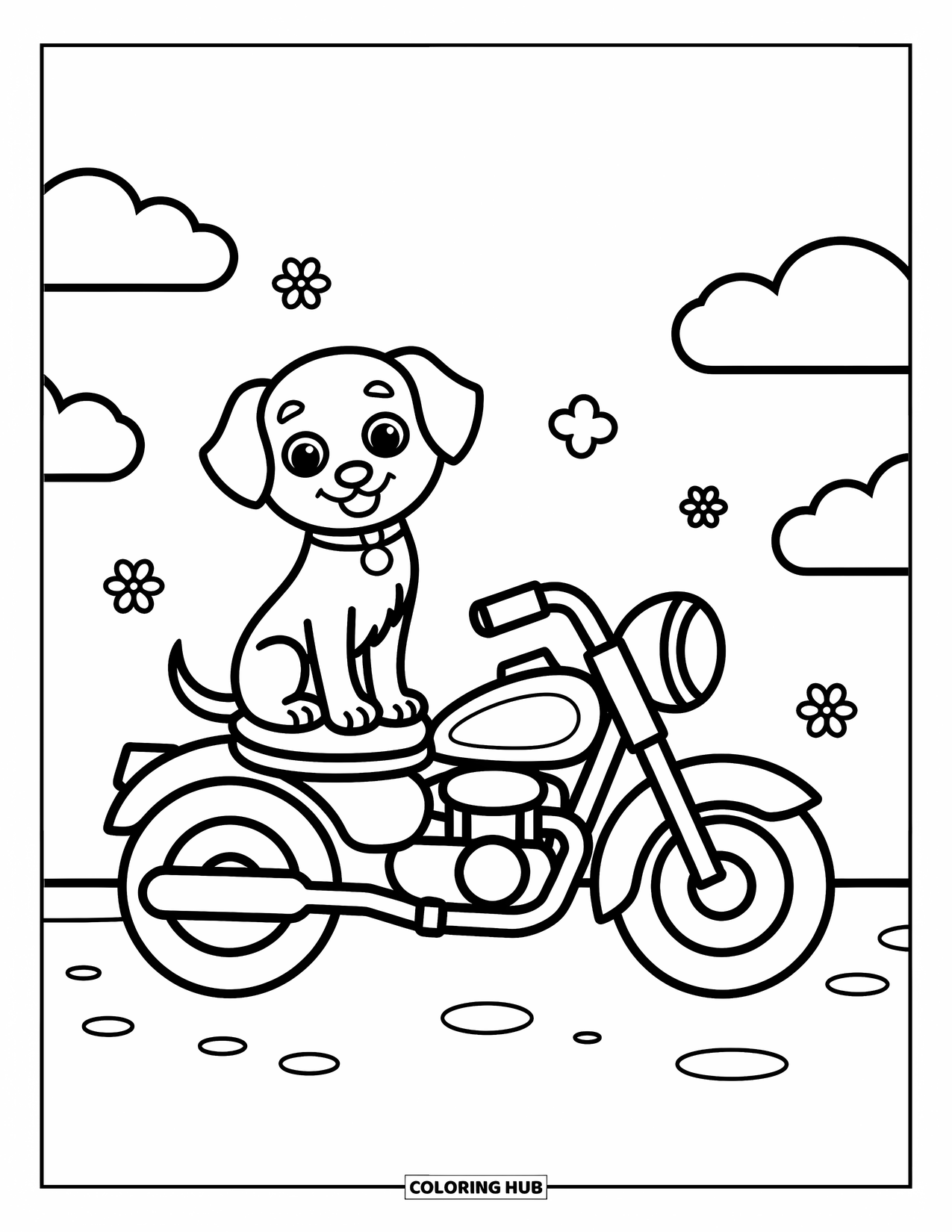 Motor Kleurplaat voor Kinderen: Een vrolijke motorfiets met een puppy die op de zitting rust