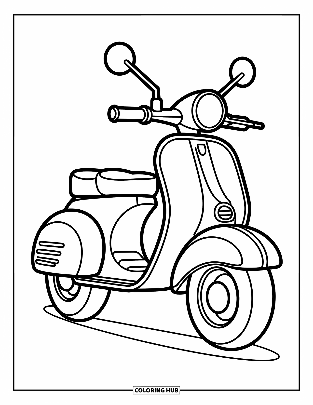 Motor Kleurplaat voor Kinderen: Een illustratie in een zwart-wit kleurplaatstijl, met een scooter-achtige motorfiets met grote banden en grote gebogen lijnen, op een schone witte achtergrond
