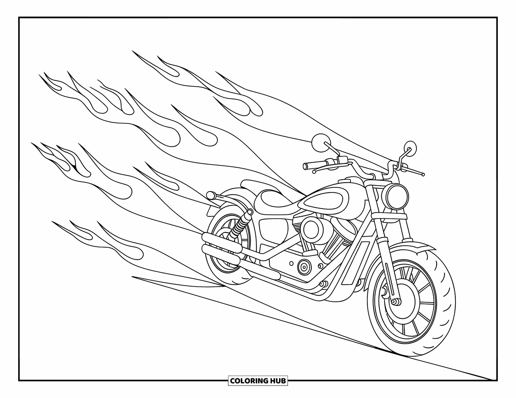 Motor Kleurplaat voor Kinderen: Een low-rider motorfiets glijdt met gedurfde vlamsporen die erachter wervelen