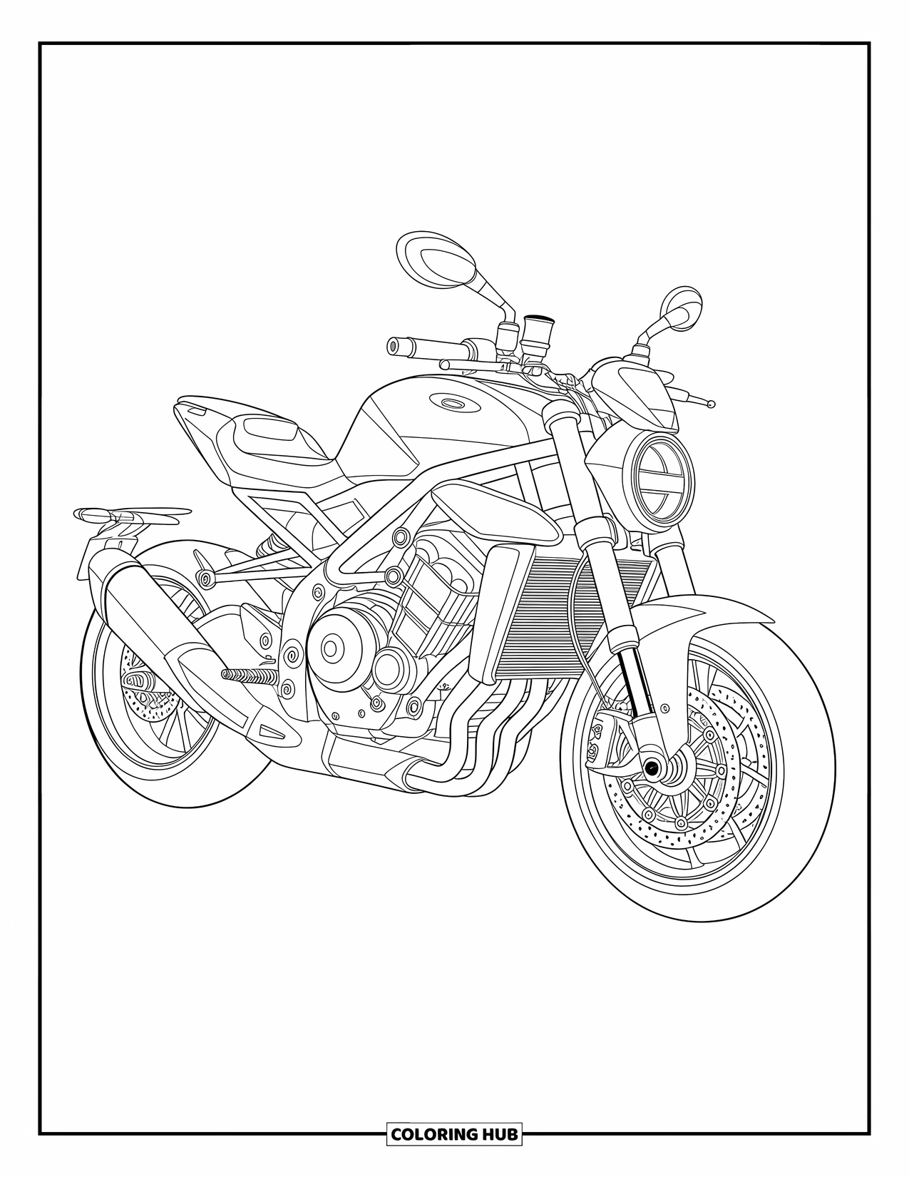 Motor Kleurplaat voor Kinderen: Een moderne motorfiets met tandwielen en pijpen met gladde, vloeiende lijnen