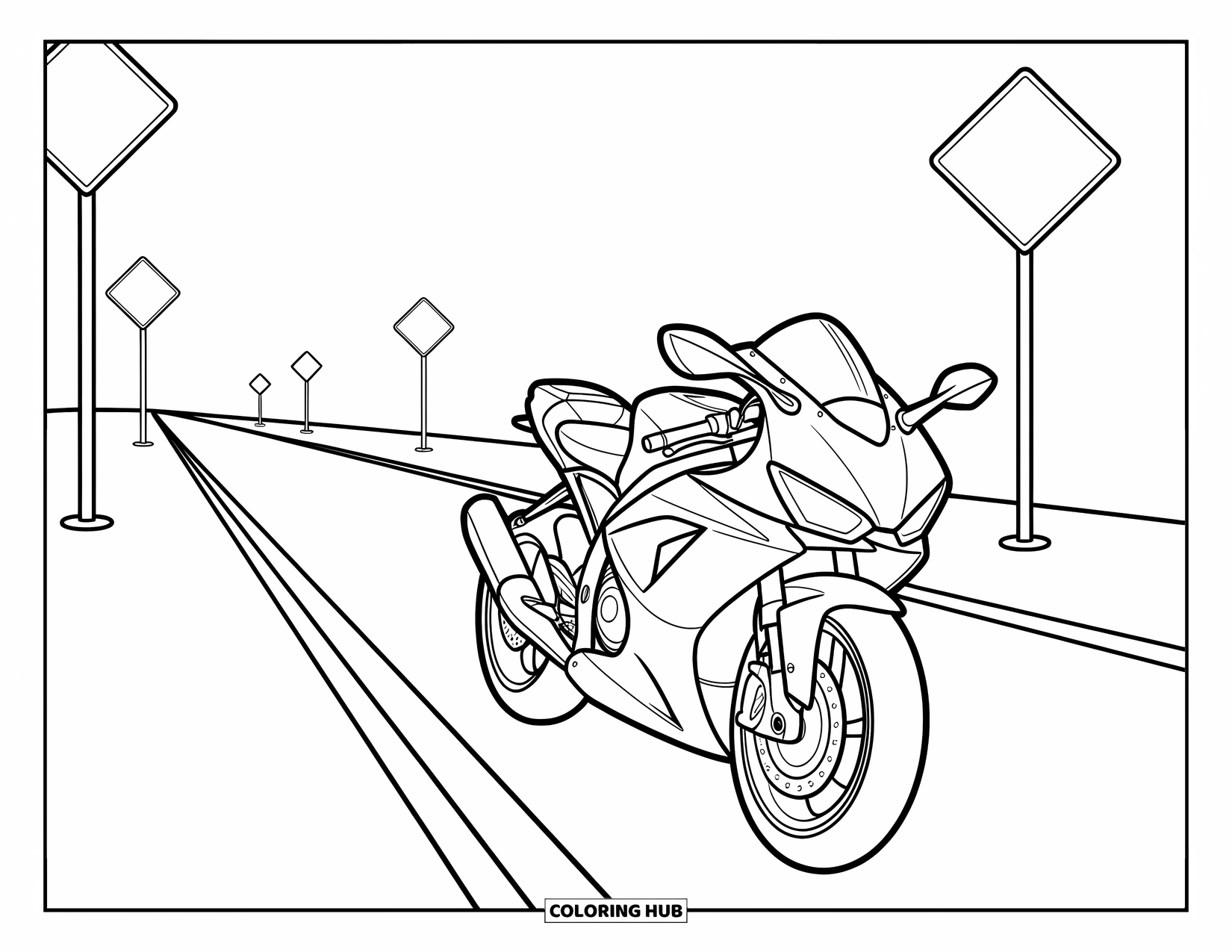 Motor Kleurplaat voor Kinderen: Een motorfiets glijdt over een snelweg, langs verkeersborden en zachte bochten