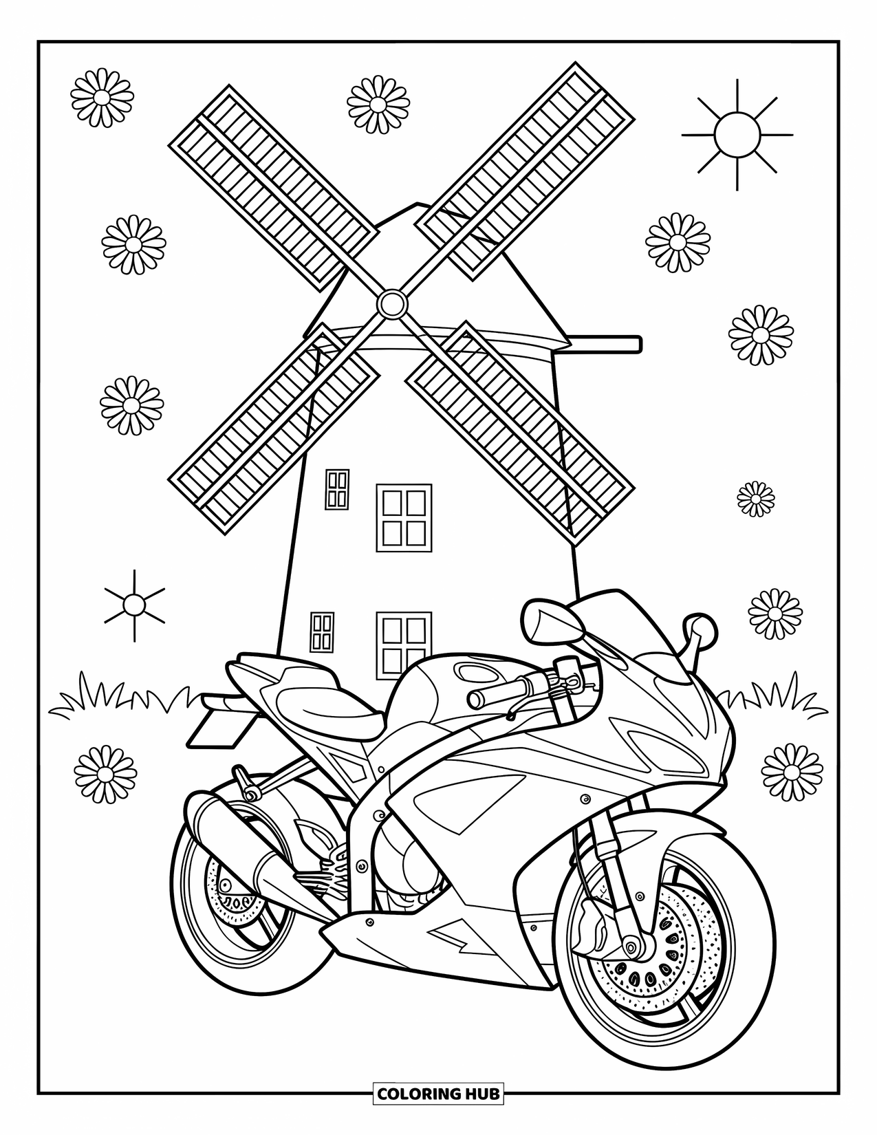 Motor Kleurplaat voor Kinderen: Een motor staat geparkeerd naast een windmolen met madeliefjes en zonnestralen eromheen