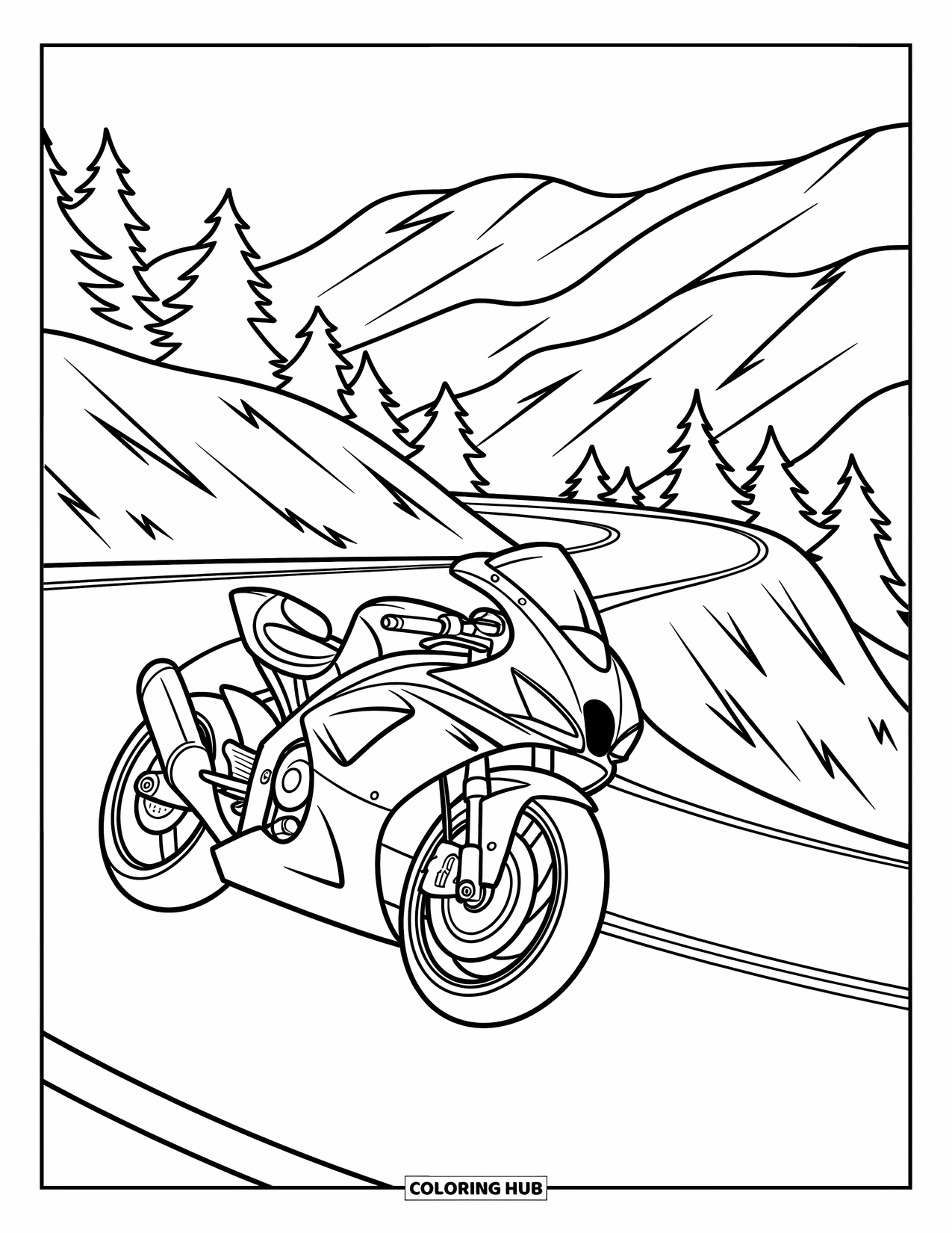 Motor Kleurplaat voor Kinderen: Een motor racet over een kronkelende weg, omlijst door heuvels en hoge bomen