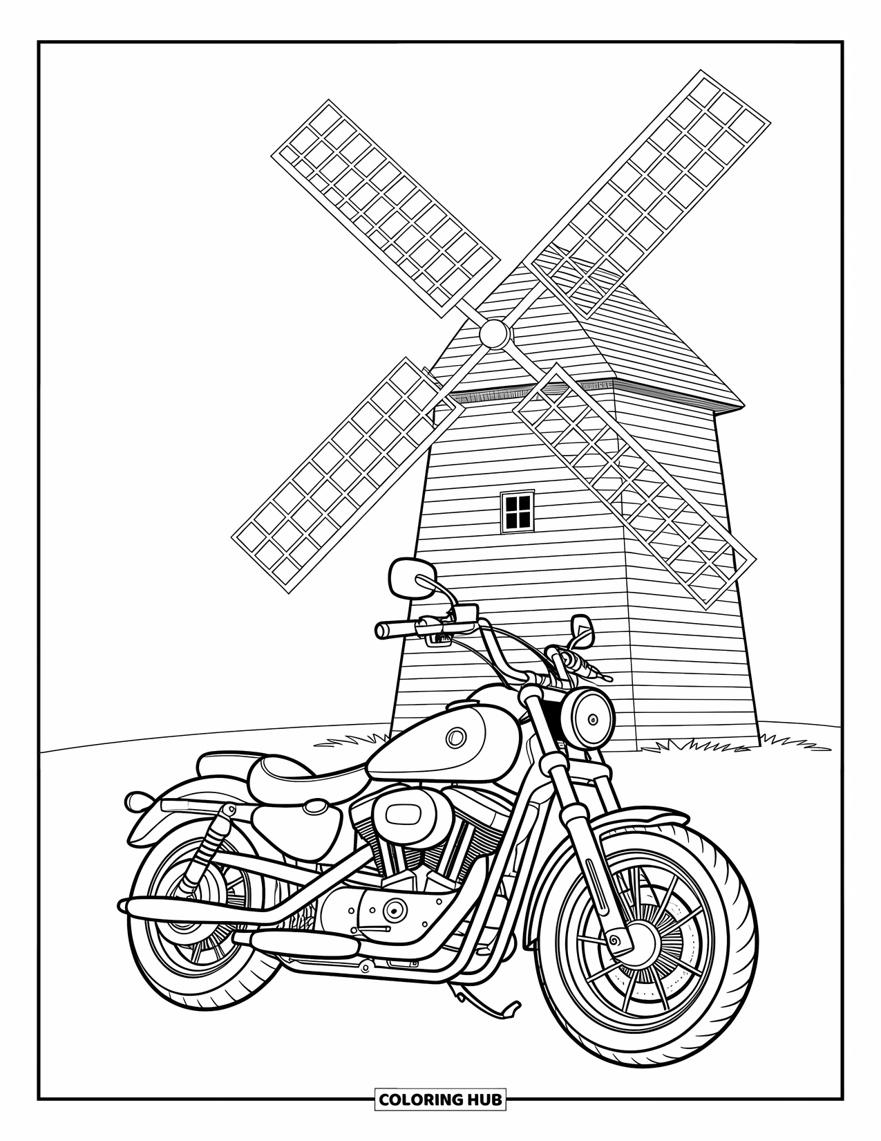 Motor Kleurplaat voor Kinderen: Een motorfiets rust in de buurt van een windmolen met houten bladen die zachtjes draaien