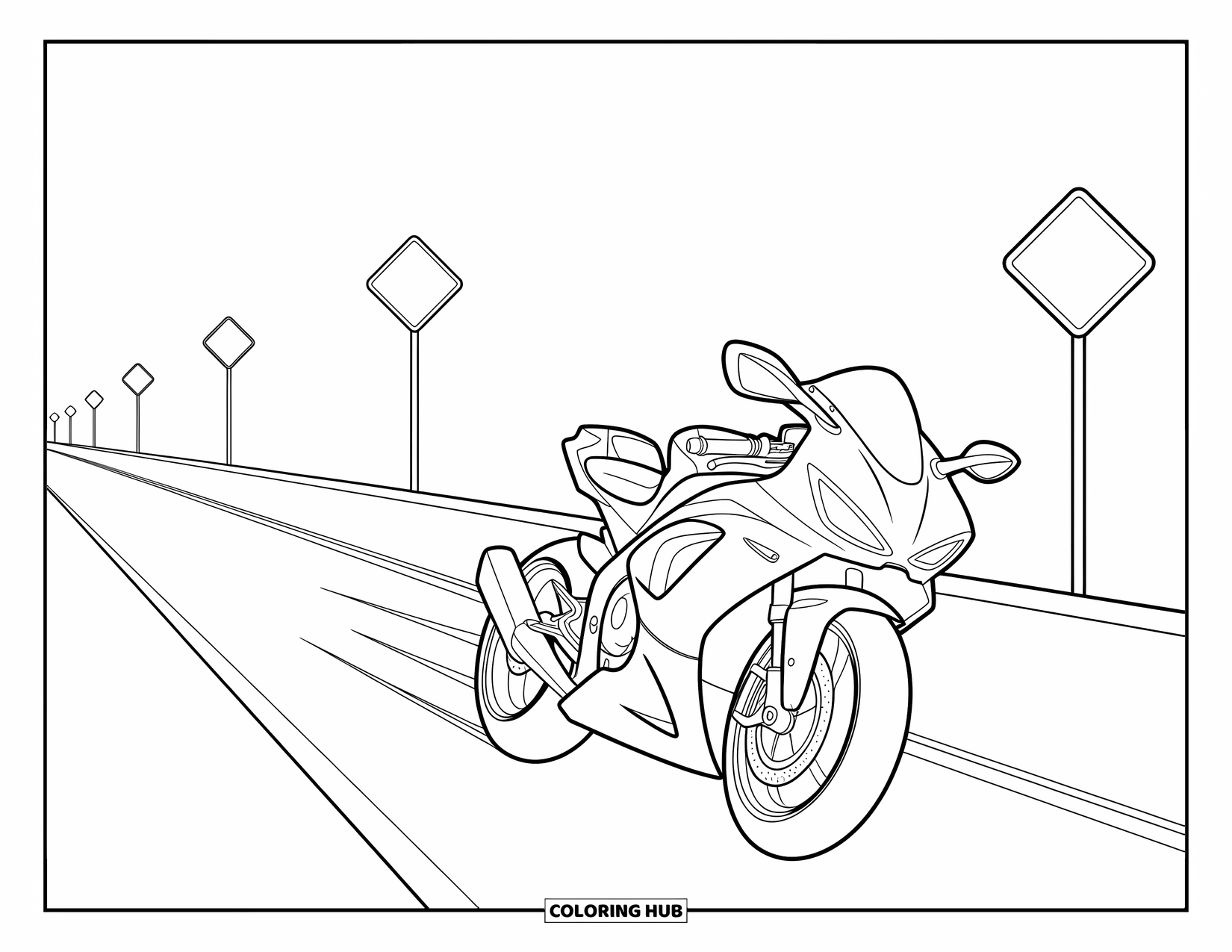 Motor Kleurplaat voor Kinderen: Een motorfiets rijdt vooruit met verkeersborden die de rechte snelweg markeren