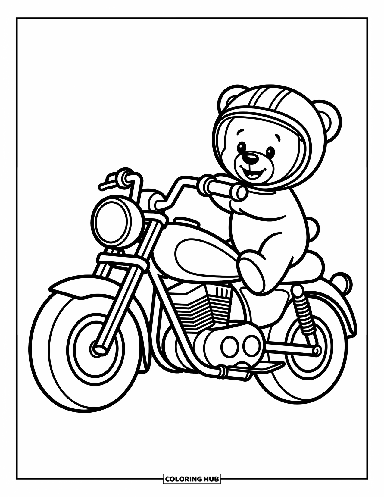 Motor Kleurplaat voor Kinderen: Een motorfiets met een teddybeer met een helm zit vrolijk op de zitting