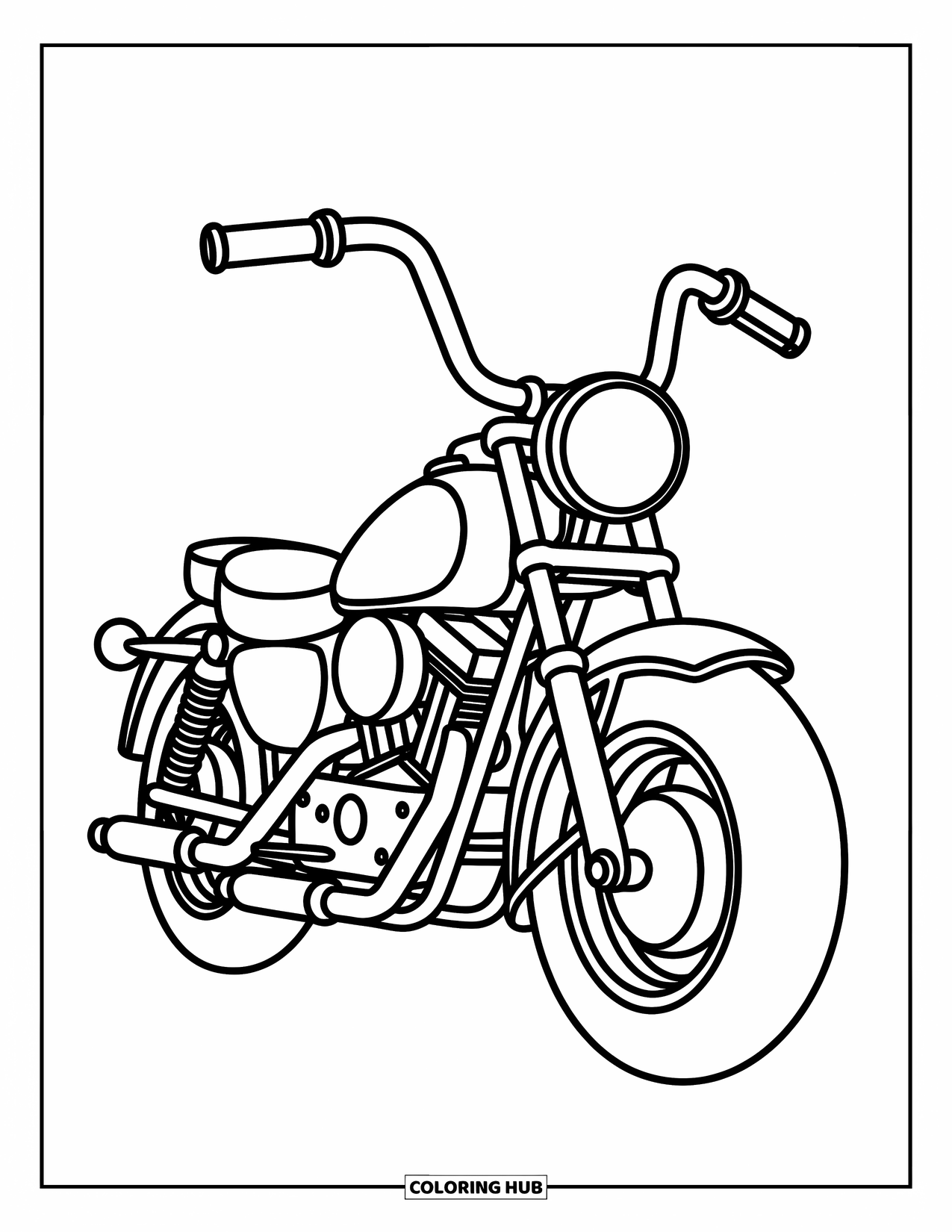 Motor Kleurplaat voor Kinderen: Een motorfiets met een groot stuur en een ronde koplamp