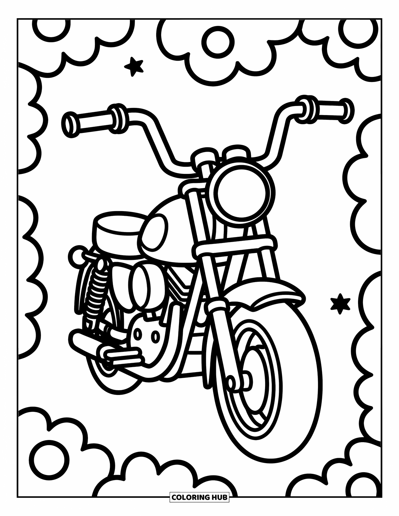 Motor Kleurplaat voor Kinderen: Een motorfiets met een groot stuur en speelse wolken eromheen