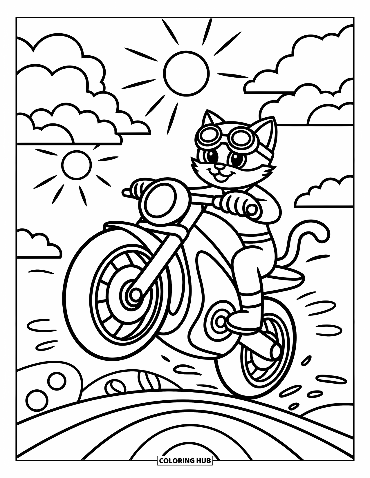 Motor Kleurplaat voor Kinderen: Een motorfiets zoeft over een heuvel met een kattenrijder en speelse wolken eromheen